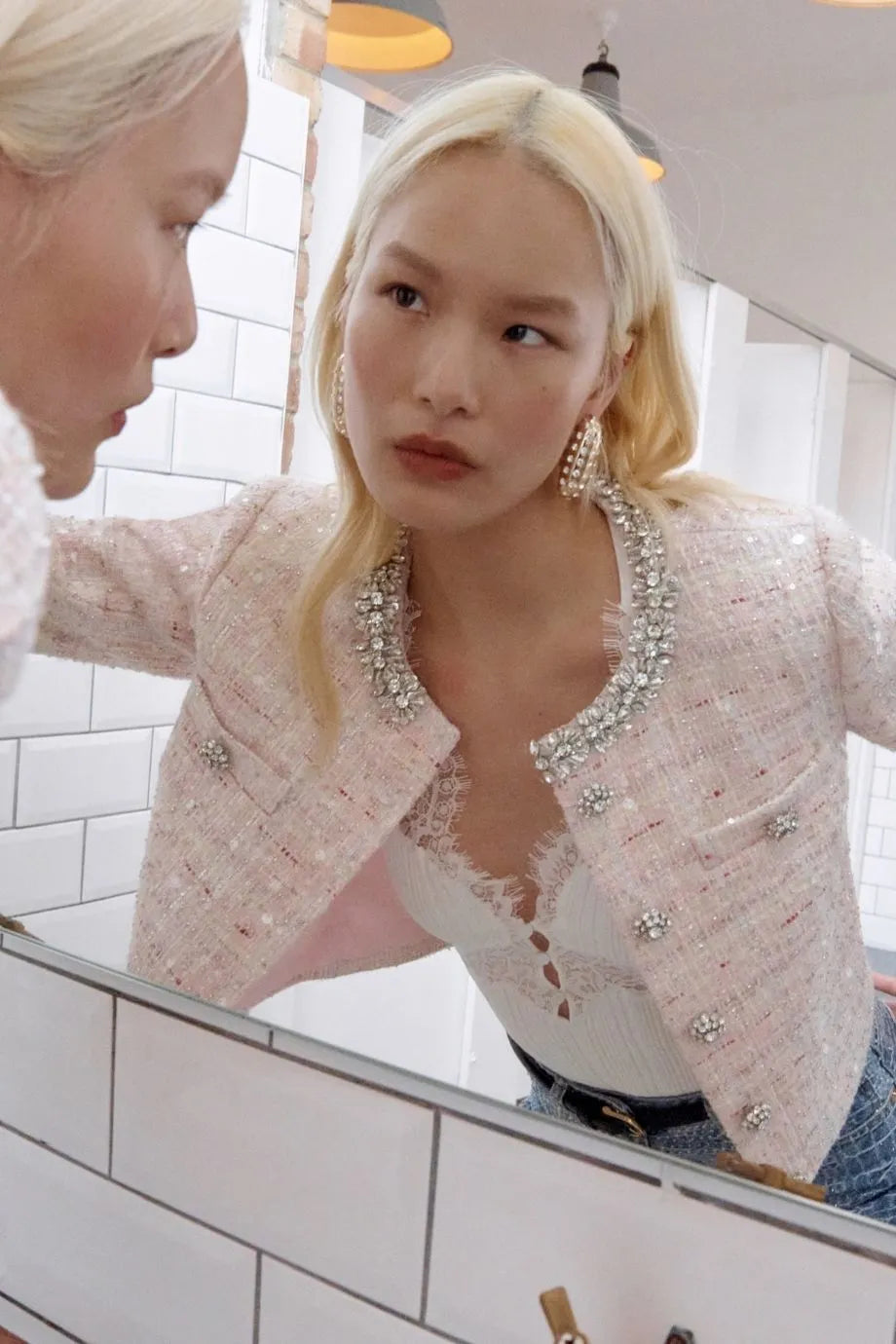 Sequin Boucle Cropped Jacket in Pink