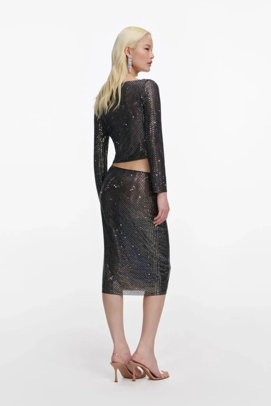 Gunmetal Rhinestone Midi Skirt in Black