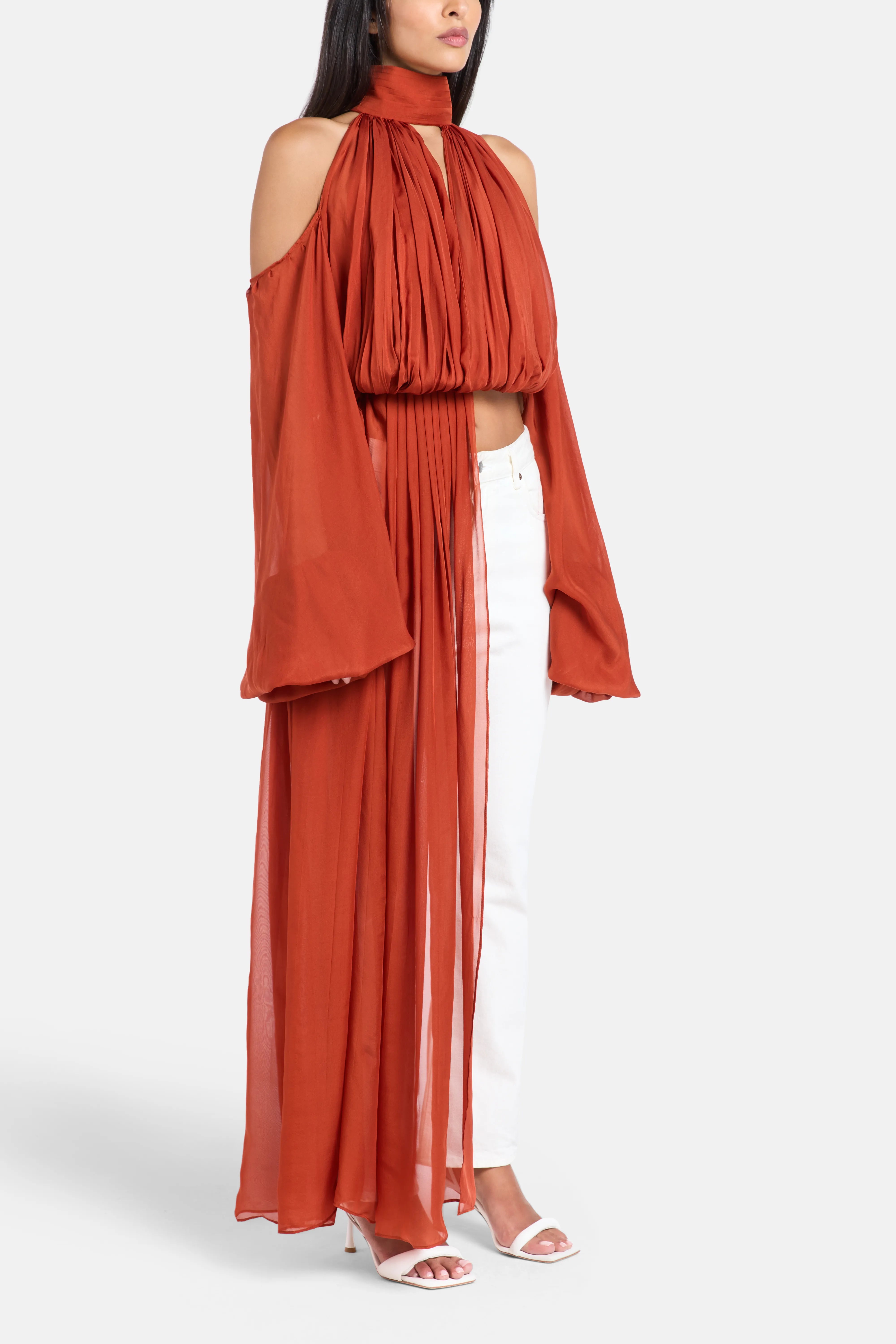 Sage Shoulder Cut Out Chiffon Top in Red