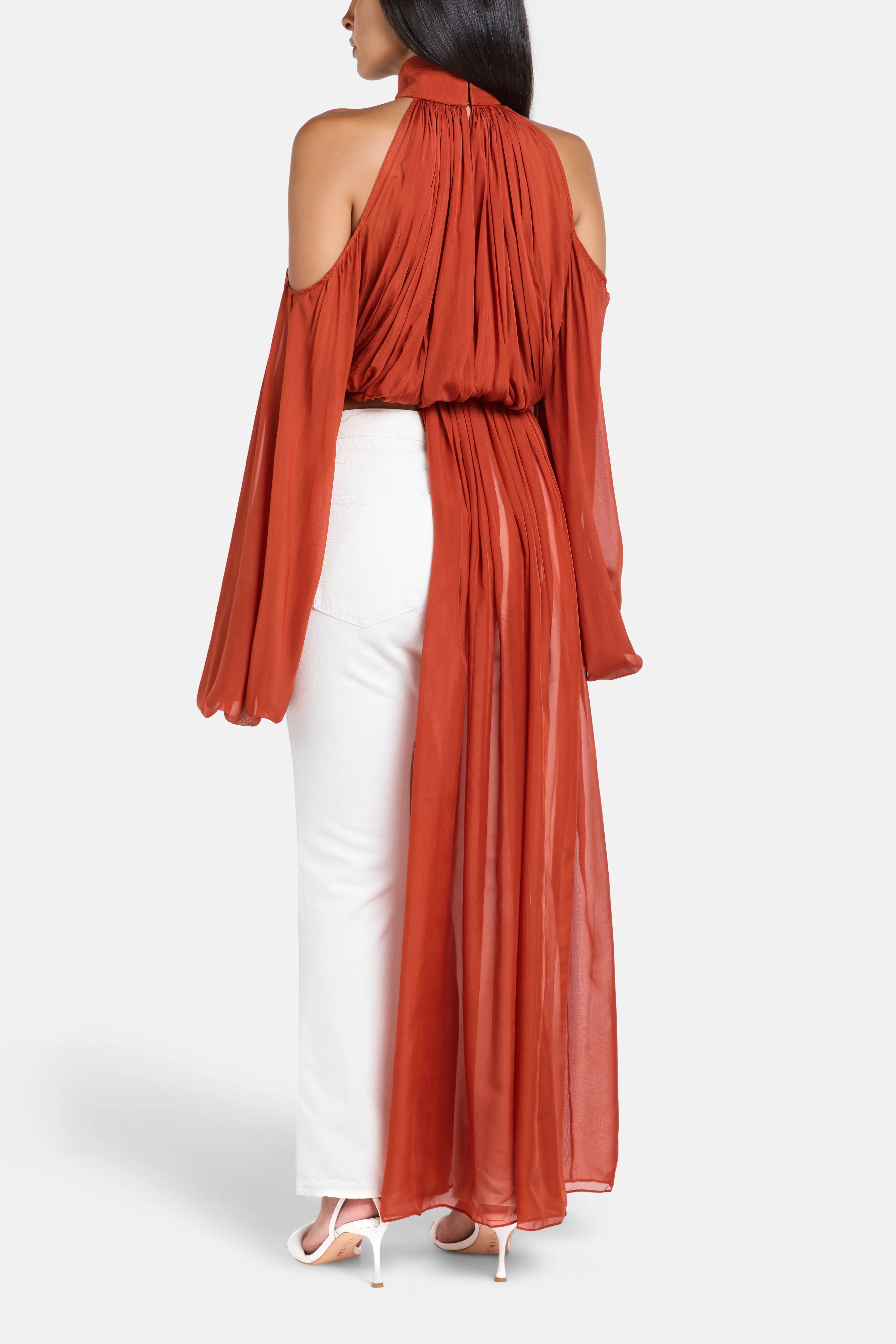 Sage Shoulder Cut Out Chiffon Top in Red