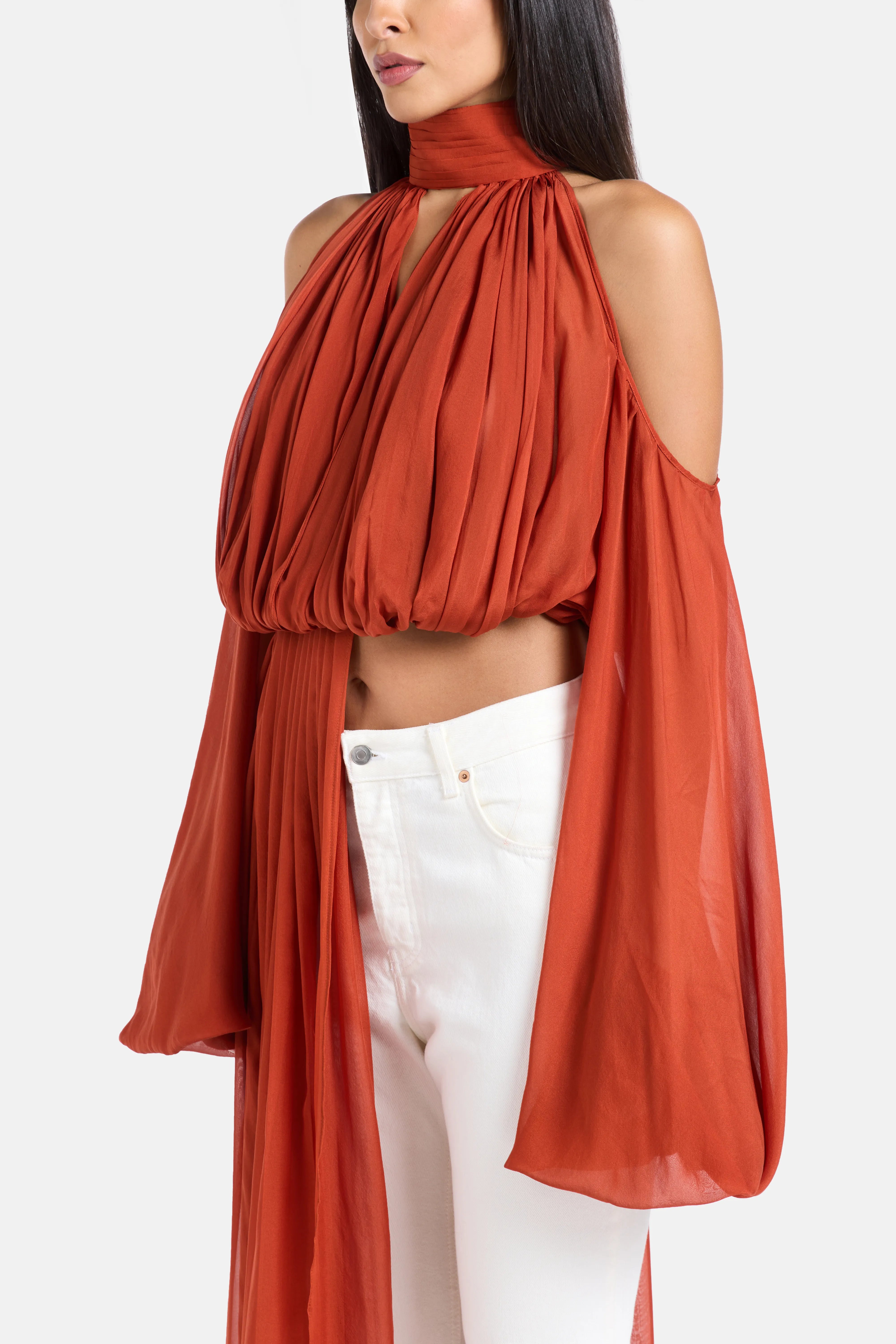 Sage Shoulder Cut Out Chiffon Top in Red