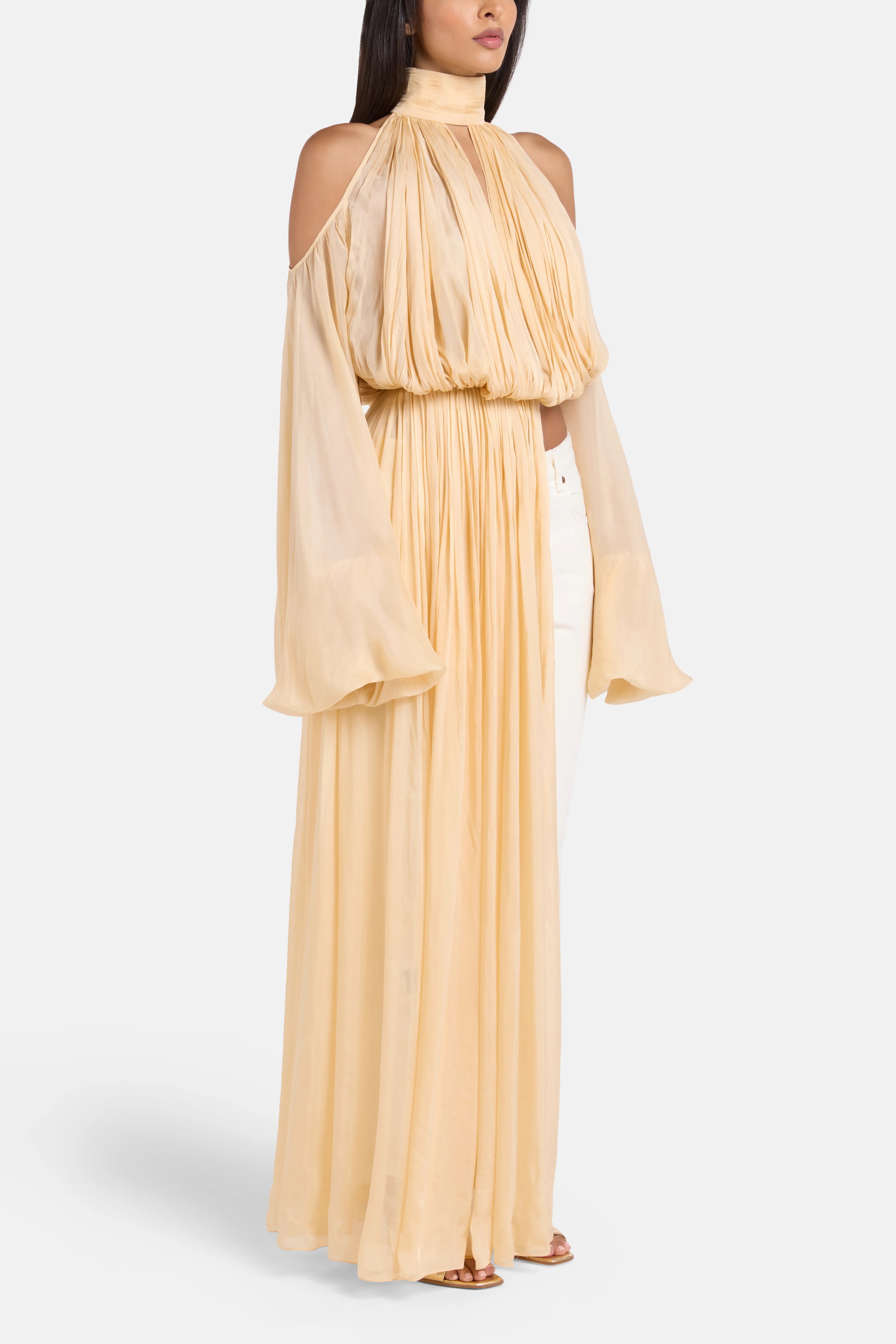 Sage Shoulder Cut Out Chiffon Top in Gold