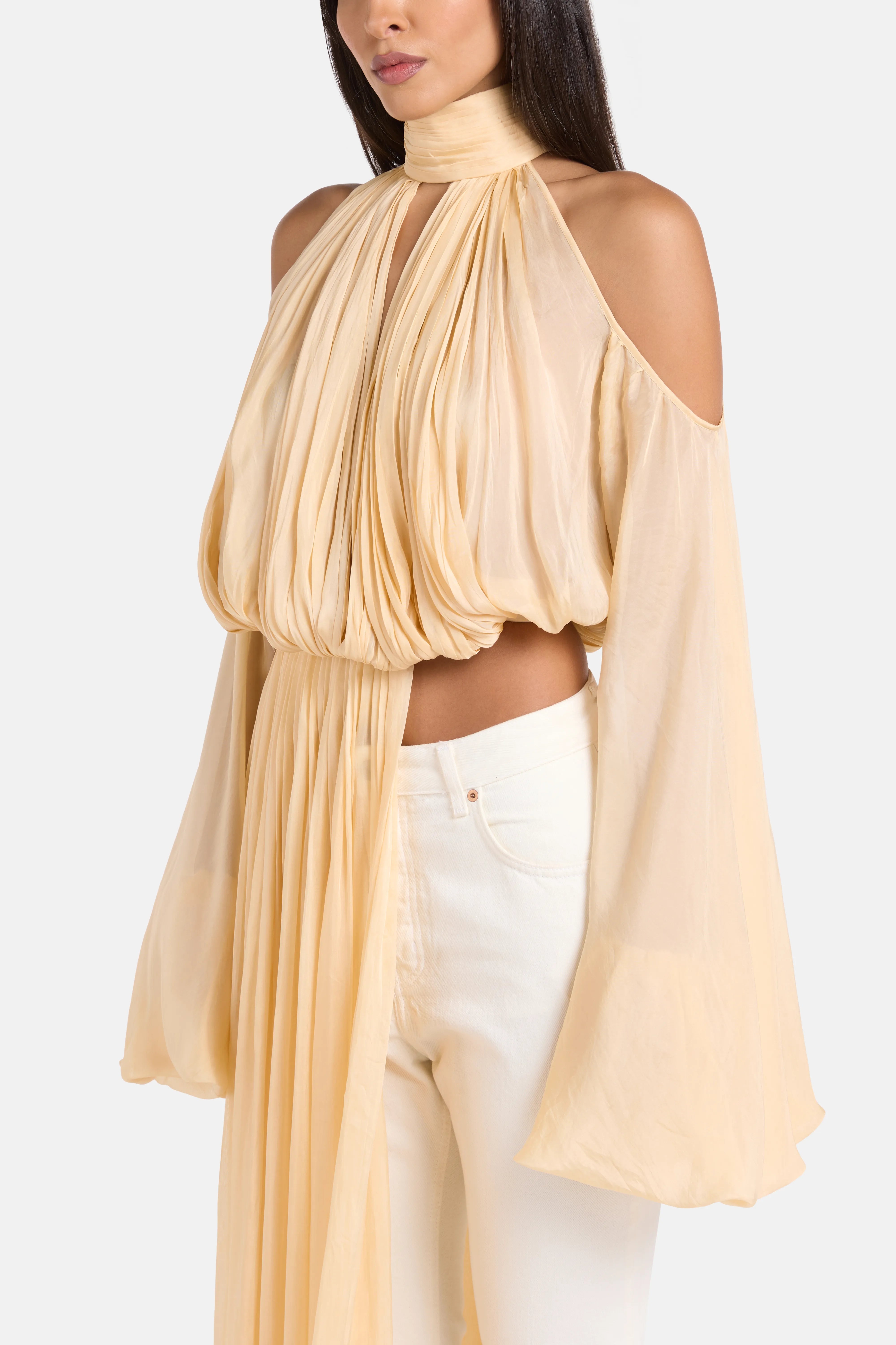 Sage Shoulder Cut Out Chiffon Top in Gold