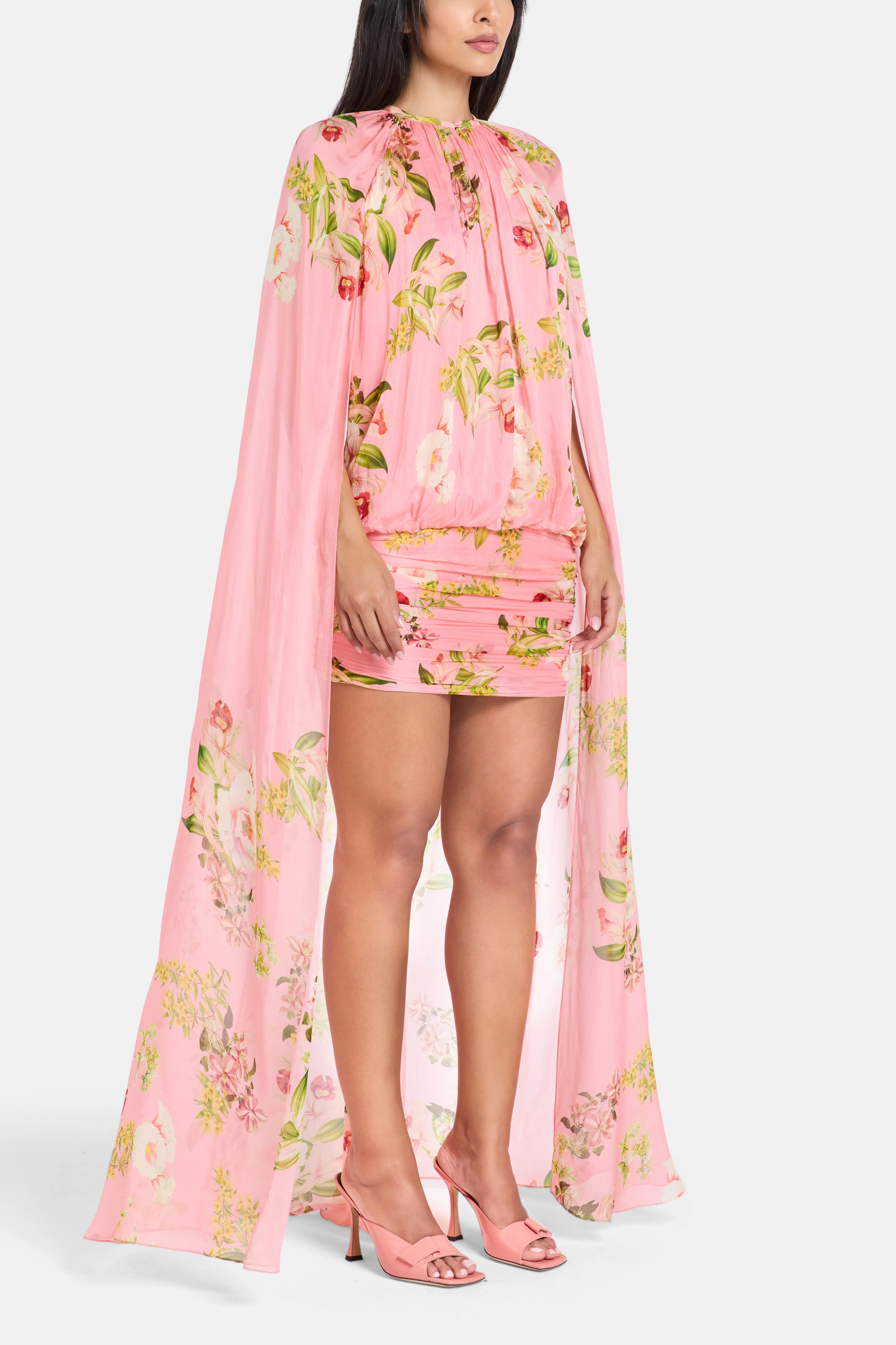 Lena Ruched Cape Mini Dress in Pink