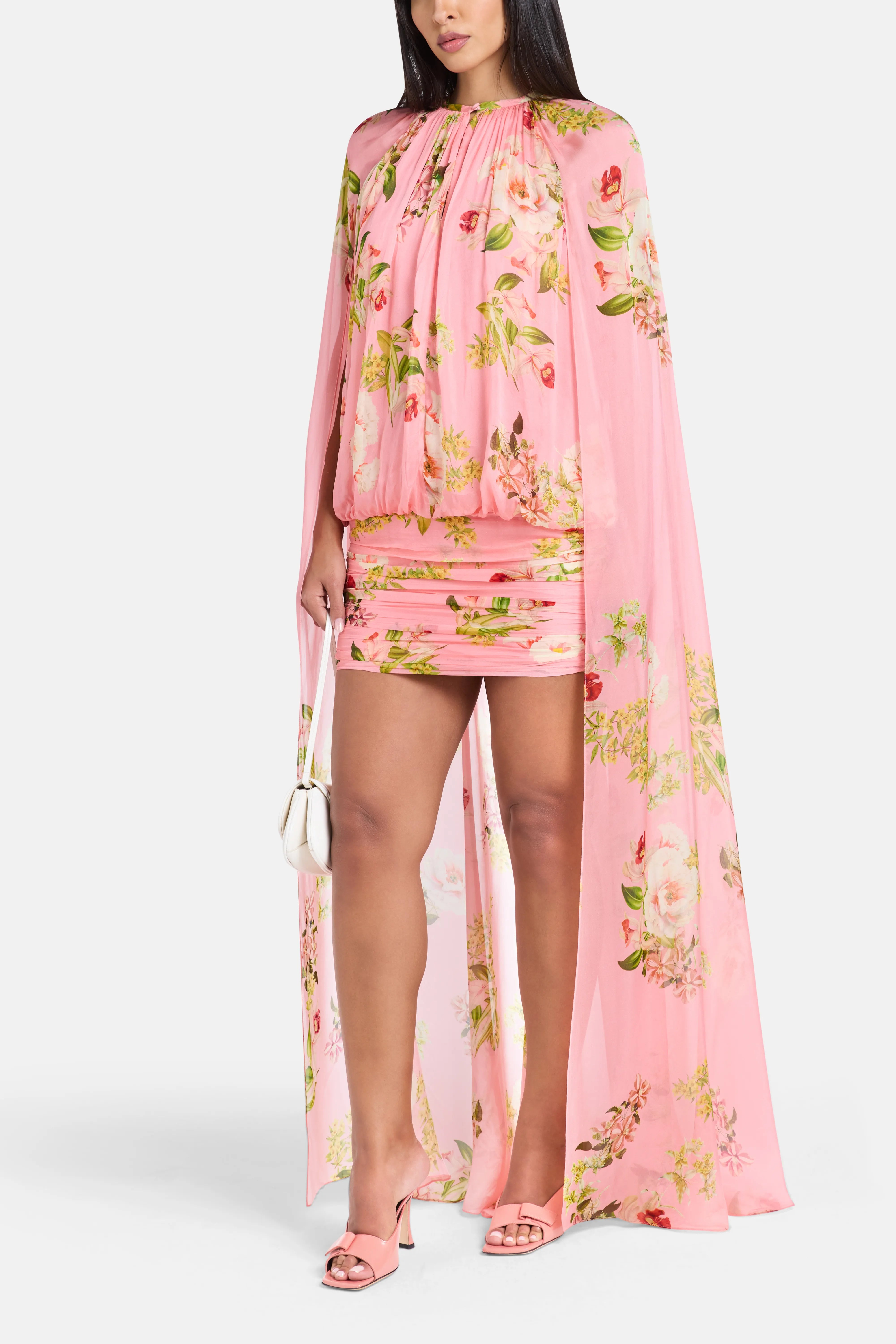 Lena Ruched Cape Mini Dress in Pink