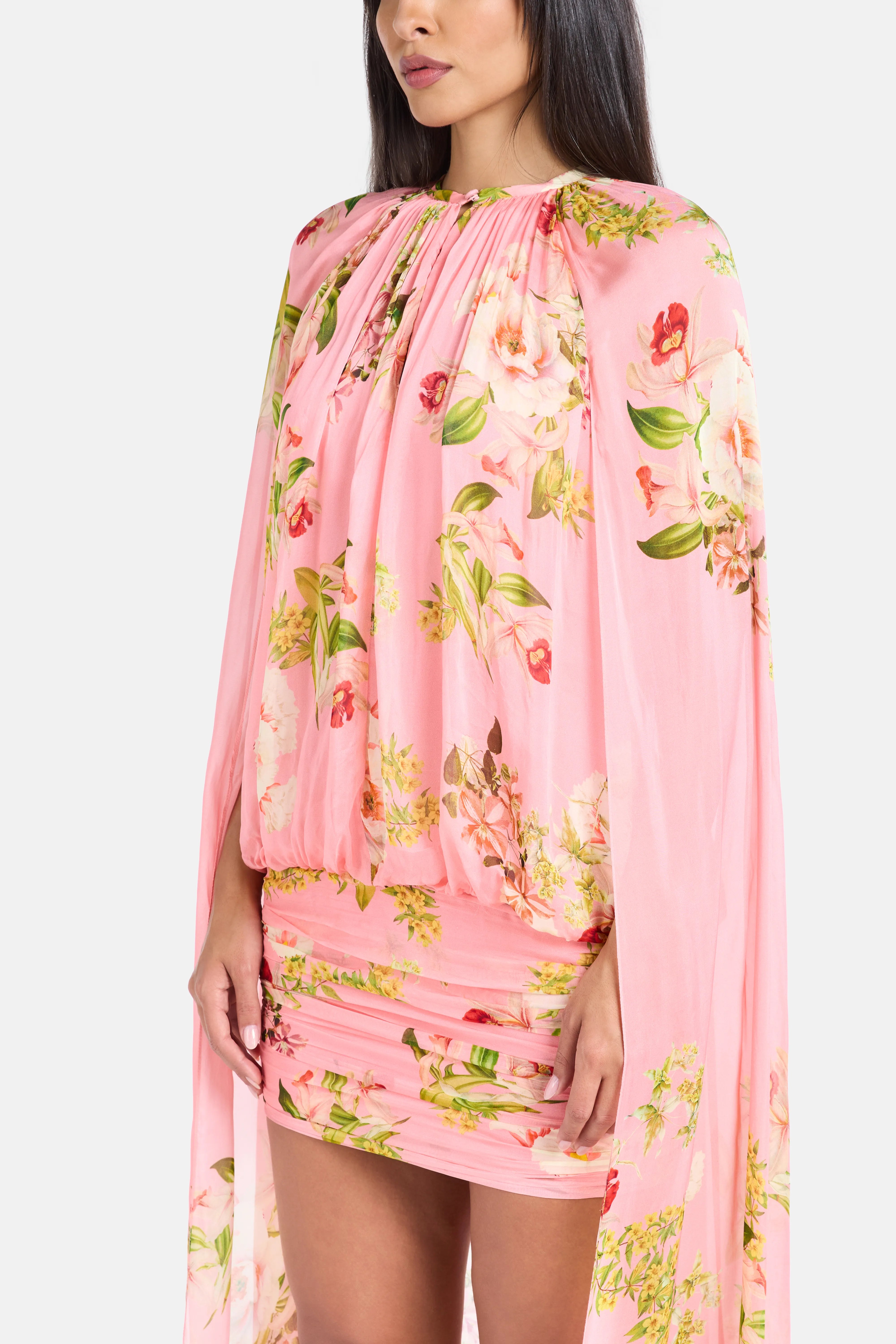 Lena Ruched Cape Mini Dress in Pink