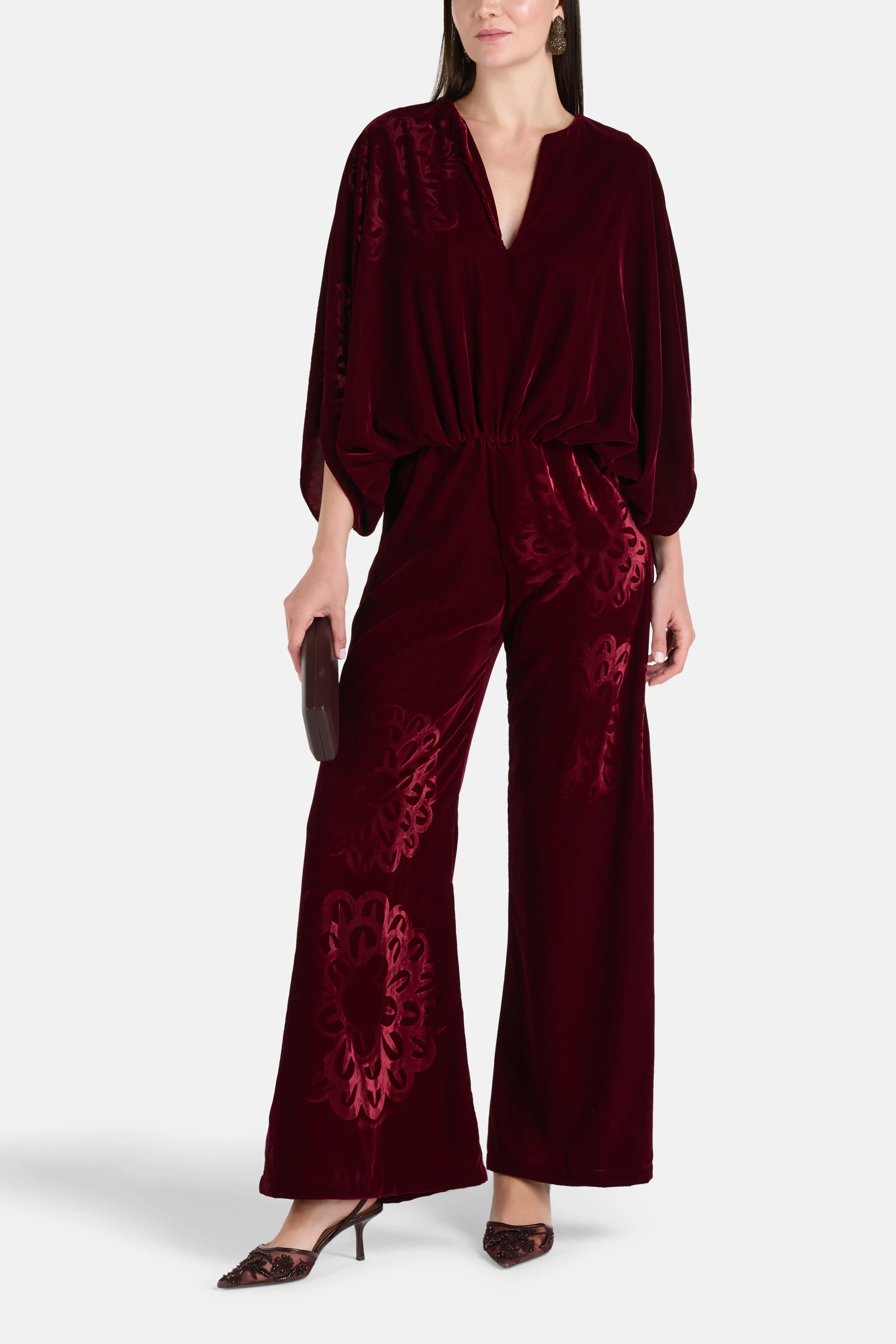 Anthos Imposed Silk Velvet Blend Jumpsuit in Red