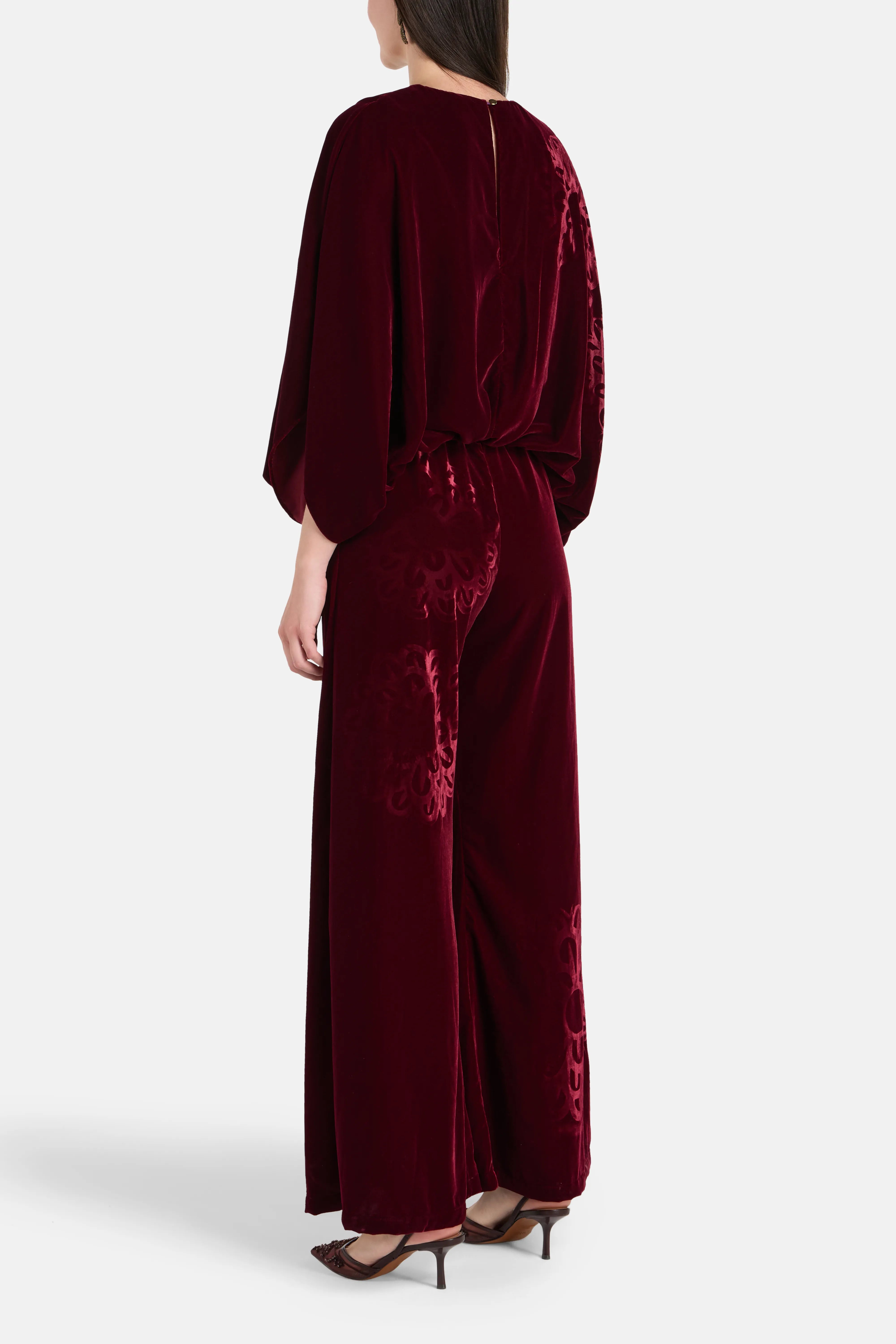 Anthos Imposed Silk Velvet Blend Jumpsuit in Red