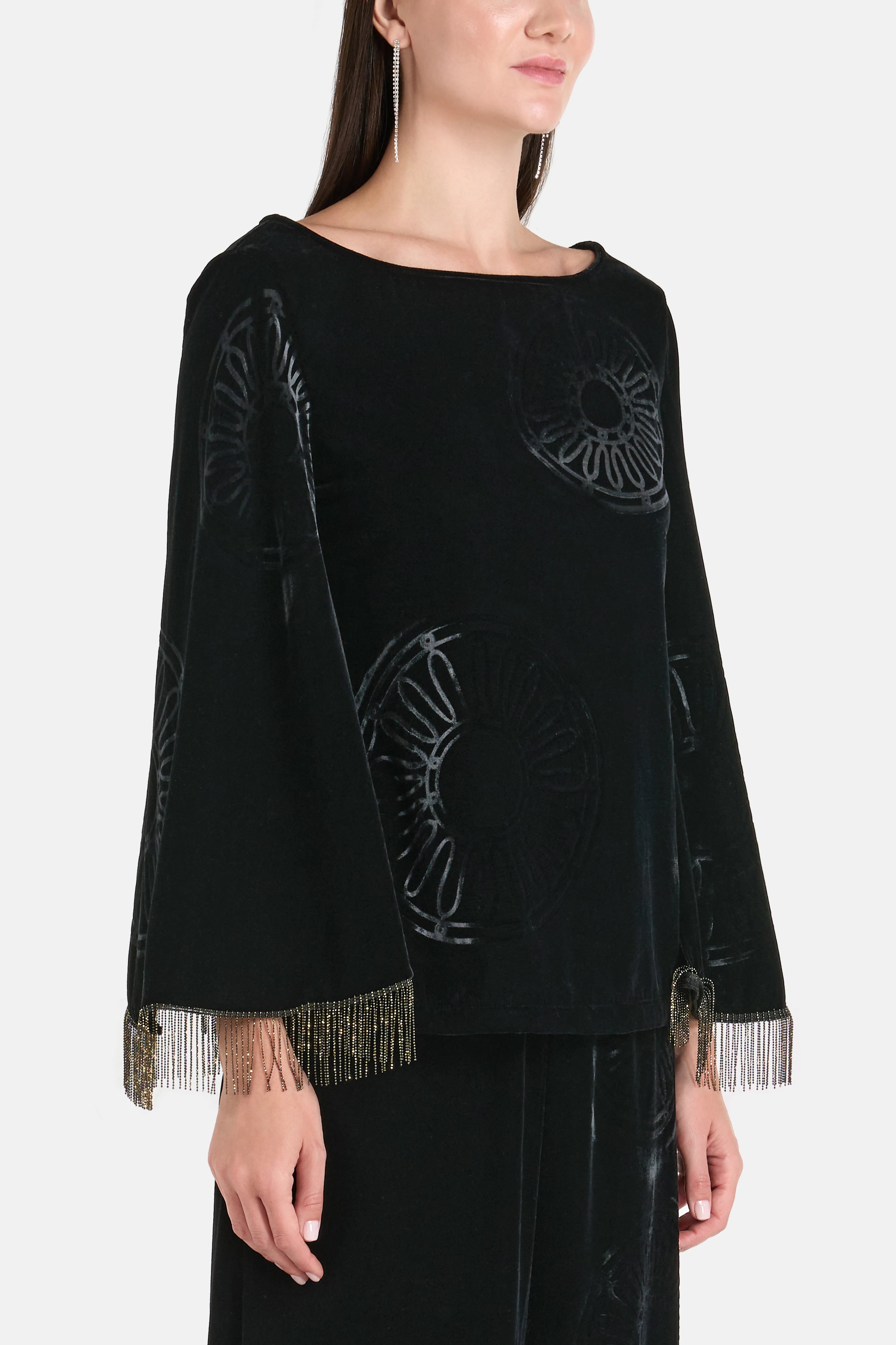 Kyma Silk Velvet Blend Embellished Open Back Blouse in Black