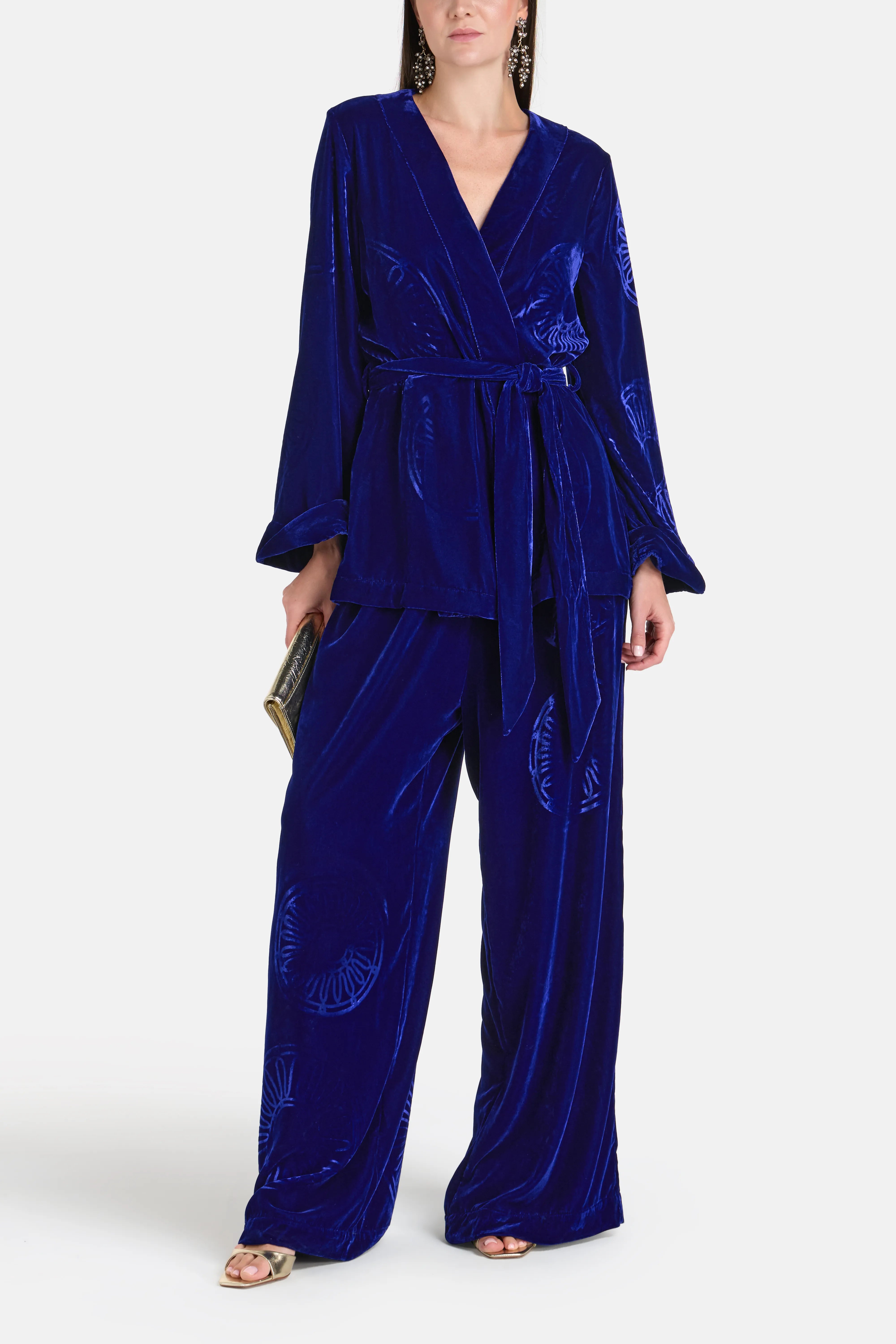 Kyma Velvet Silk Blend Belted Kimono in Blue