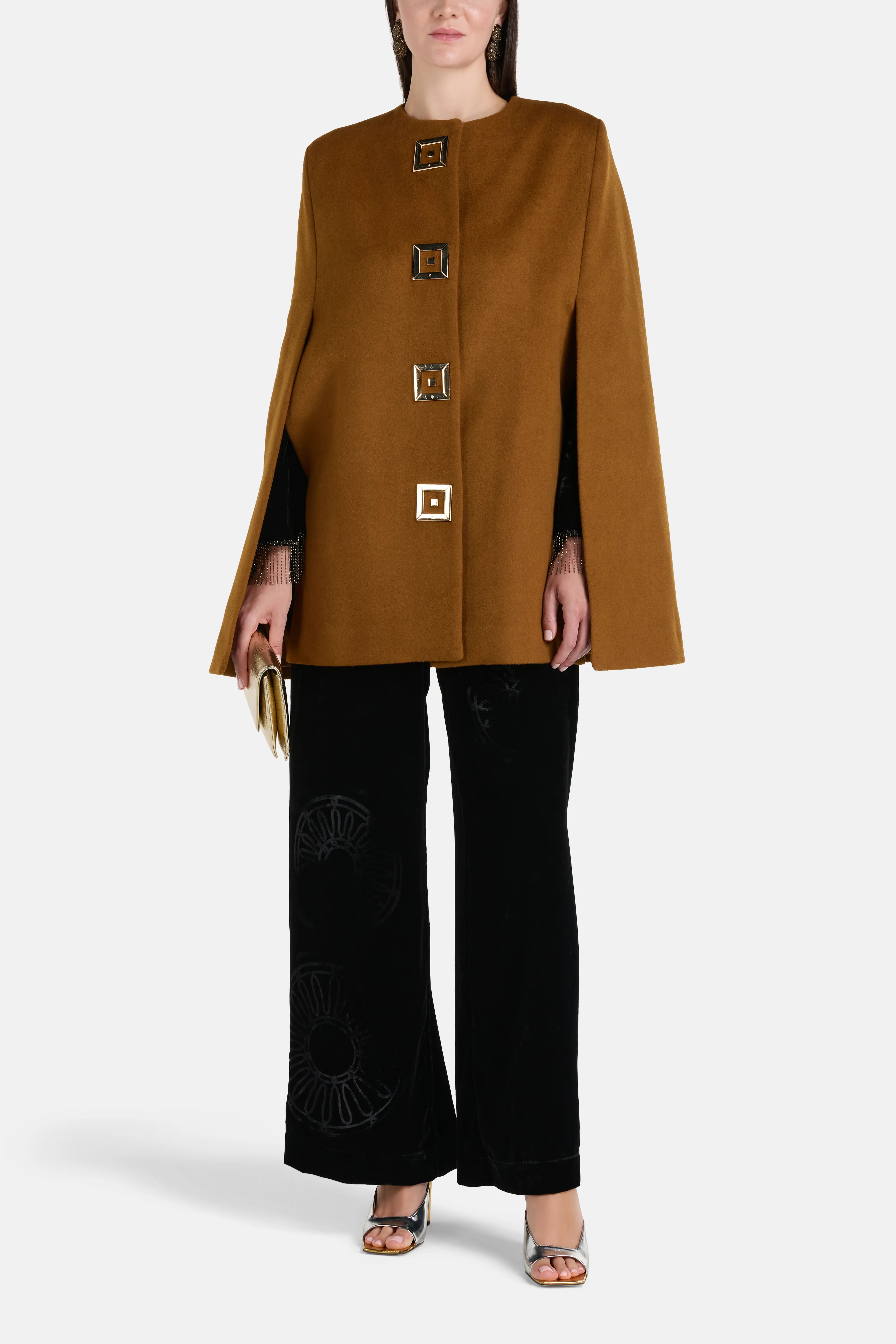 Infinity Gold Silk Velvet Blend Coat with Cape in Brown