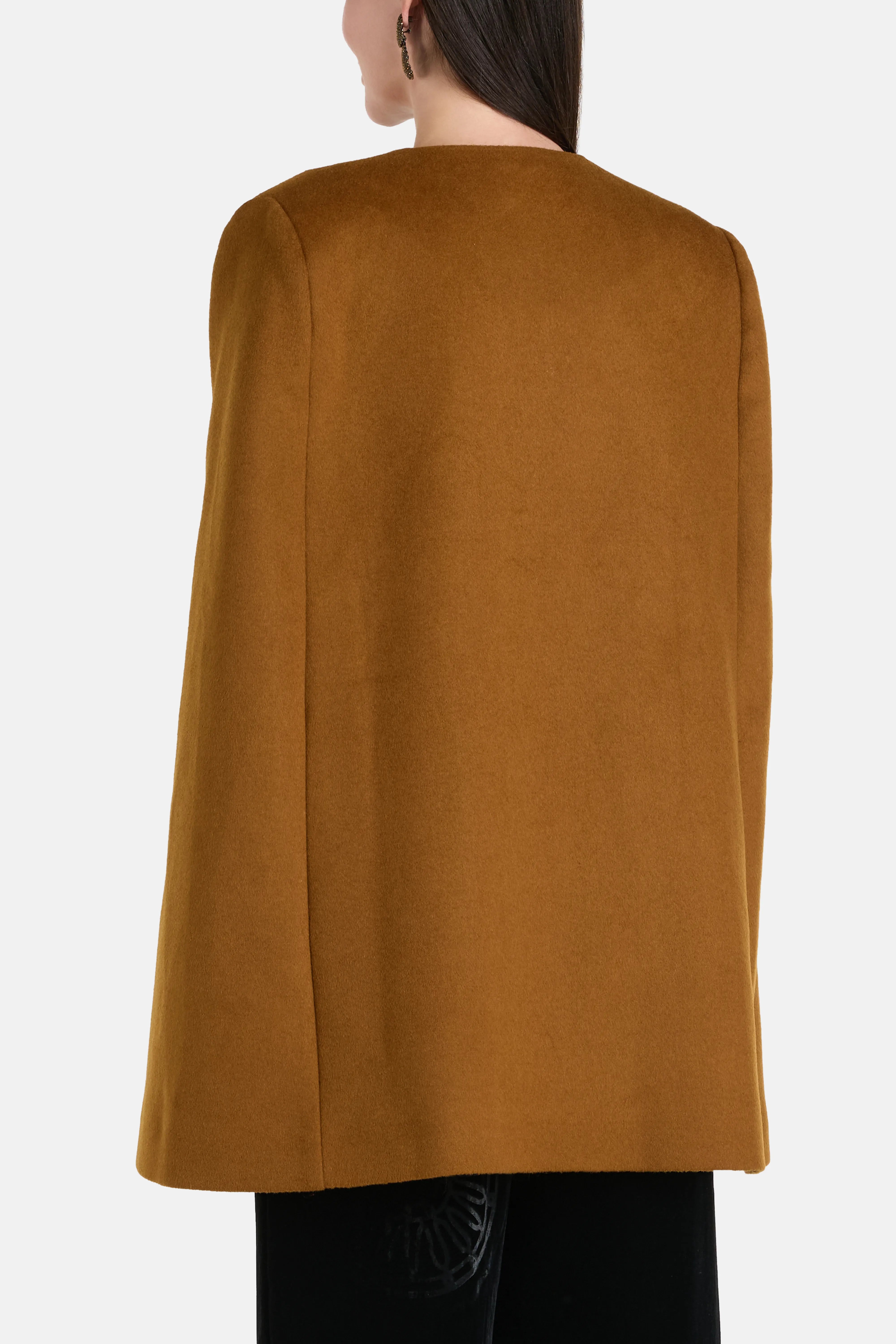 Infinity Gold Silk Velvet Blend Coat with Cape in Brown