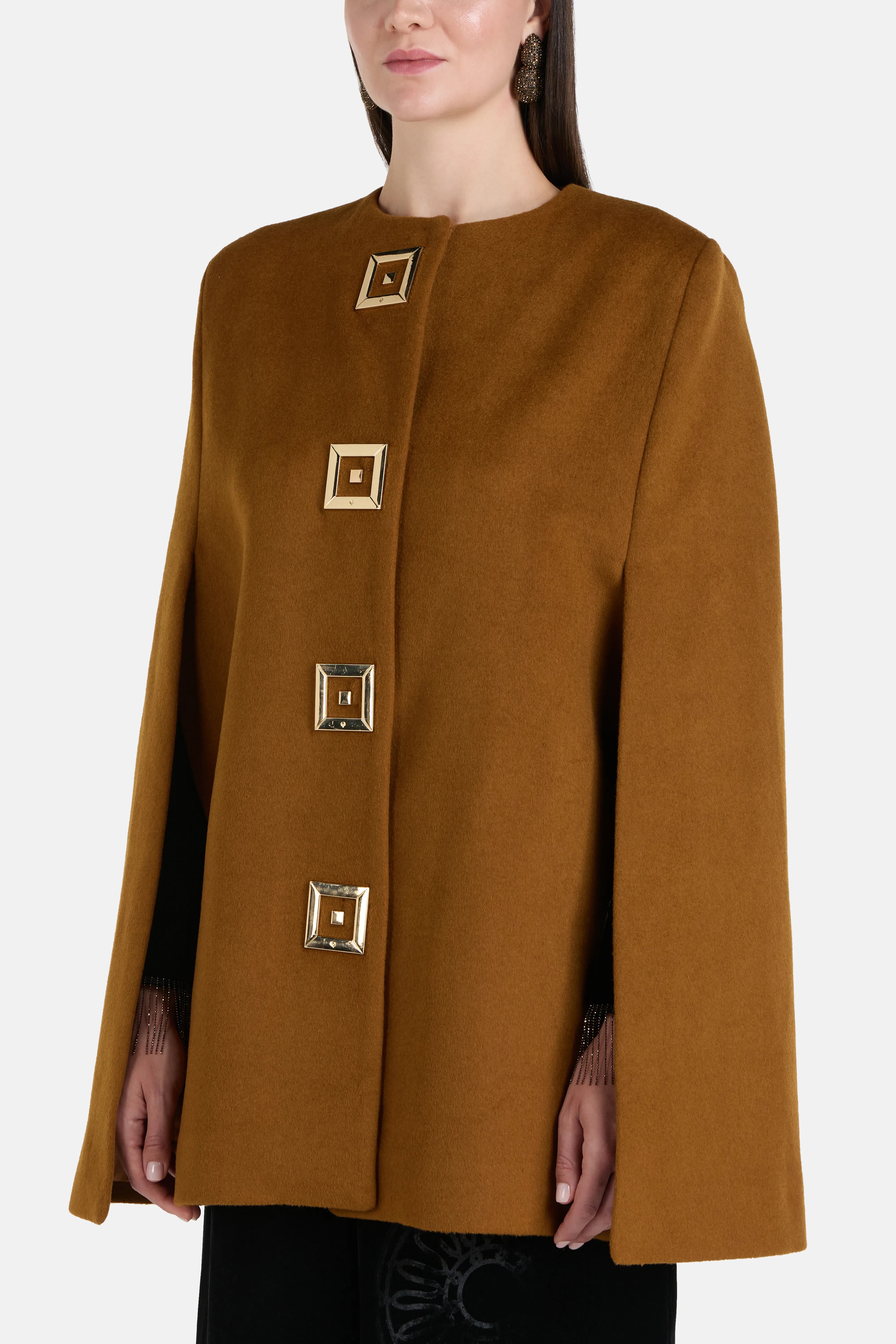 Infinity Gold Silk Velvet Blend Coat with Cape in Brown