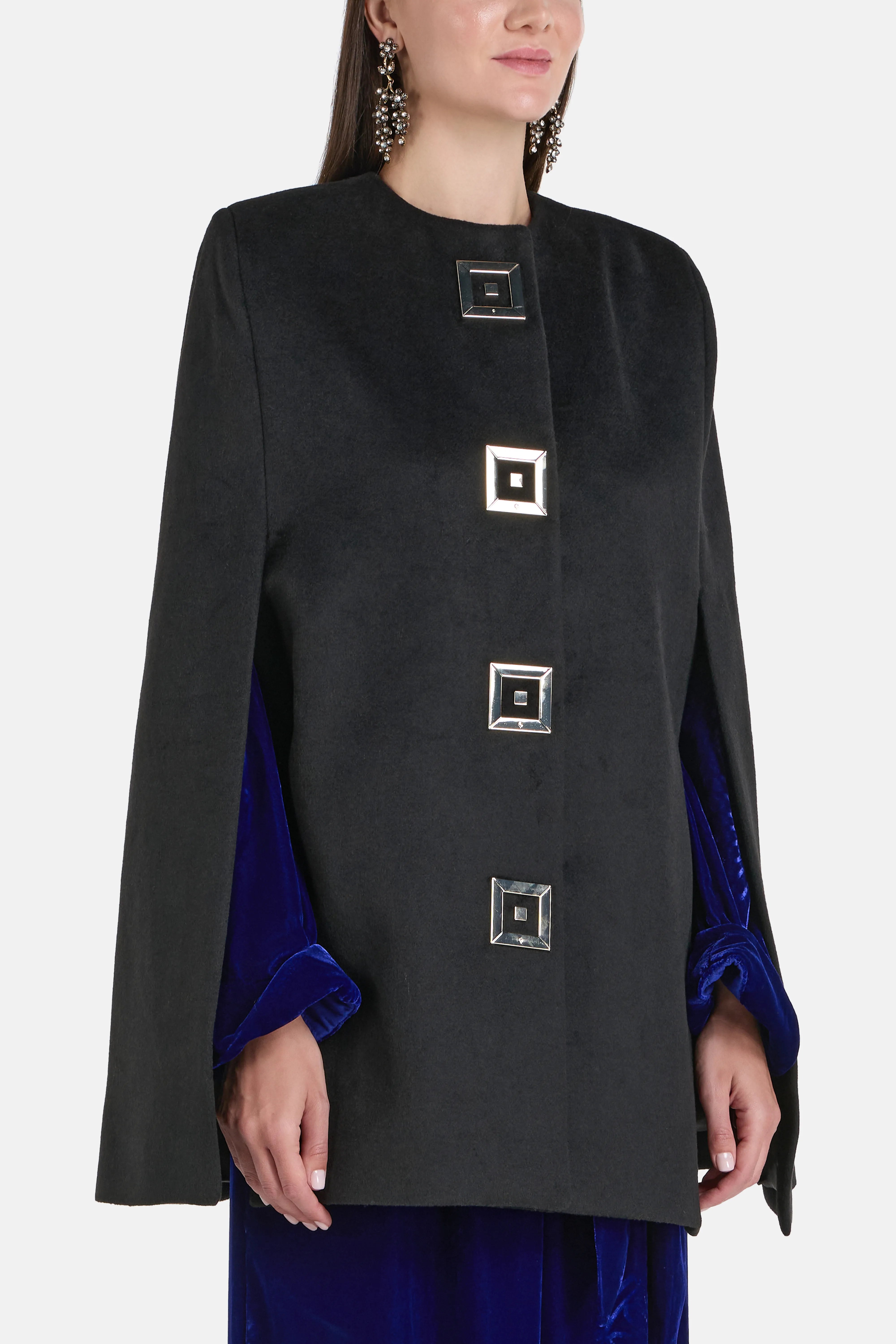Infinity Gold Silk Velvet Blend Coat with Cape in Black