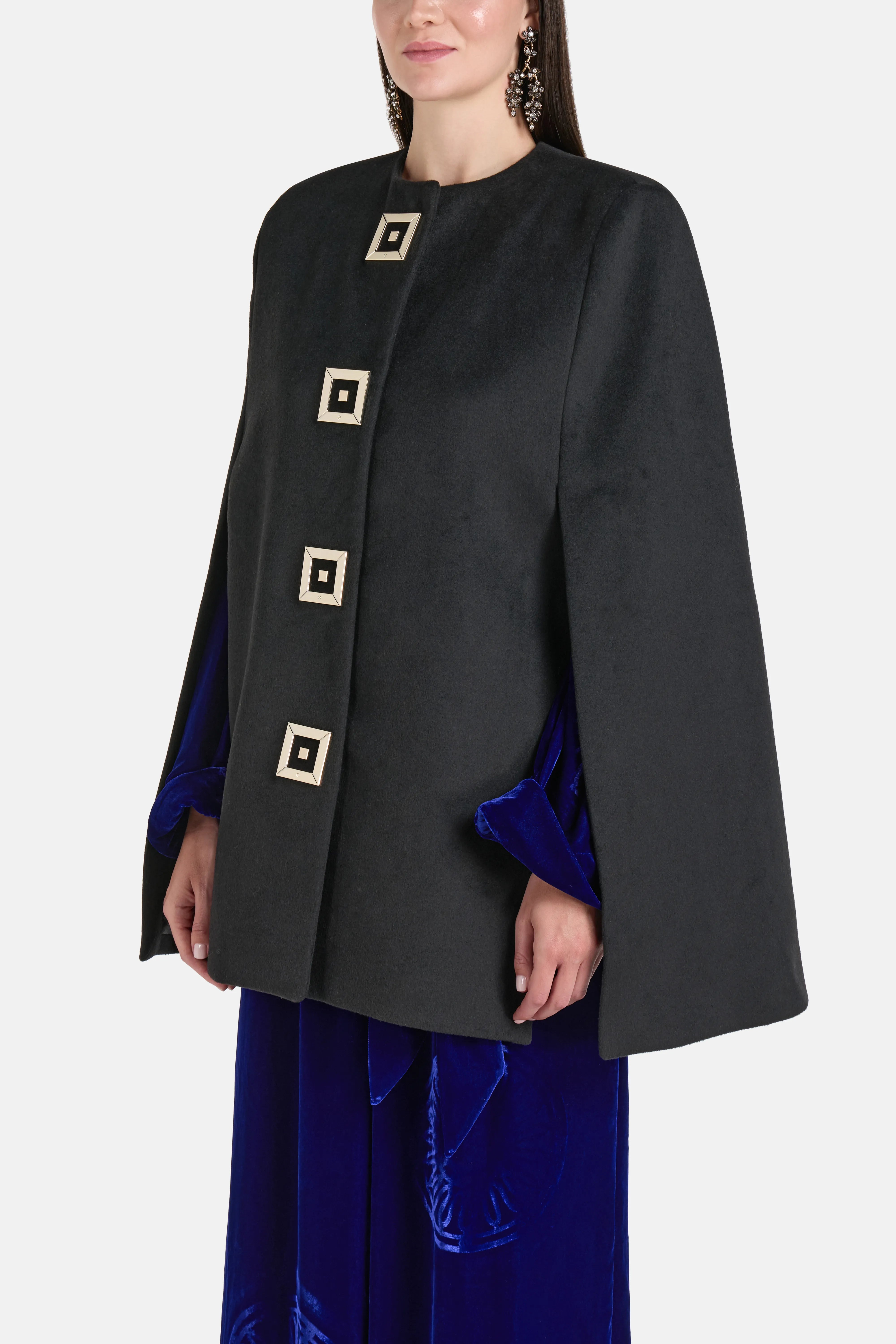 Infinity Gold Silk Velvet Blend Coat with Cape in Black