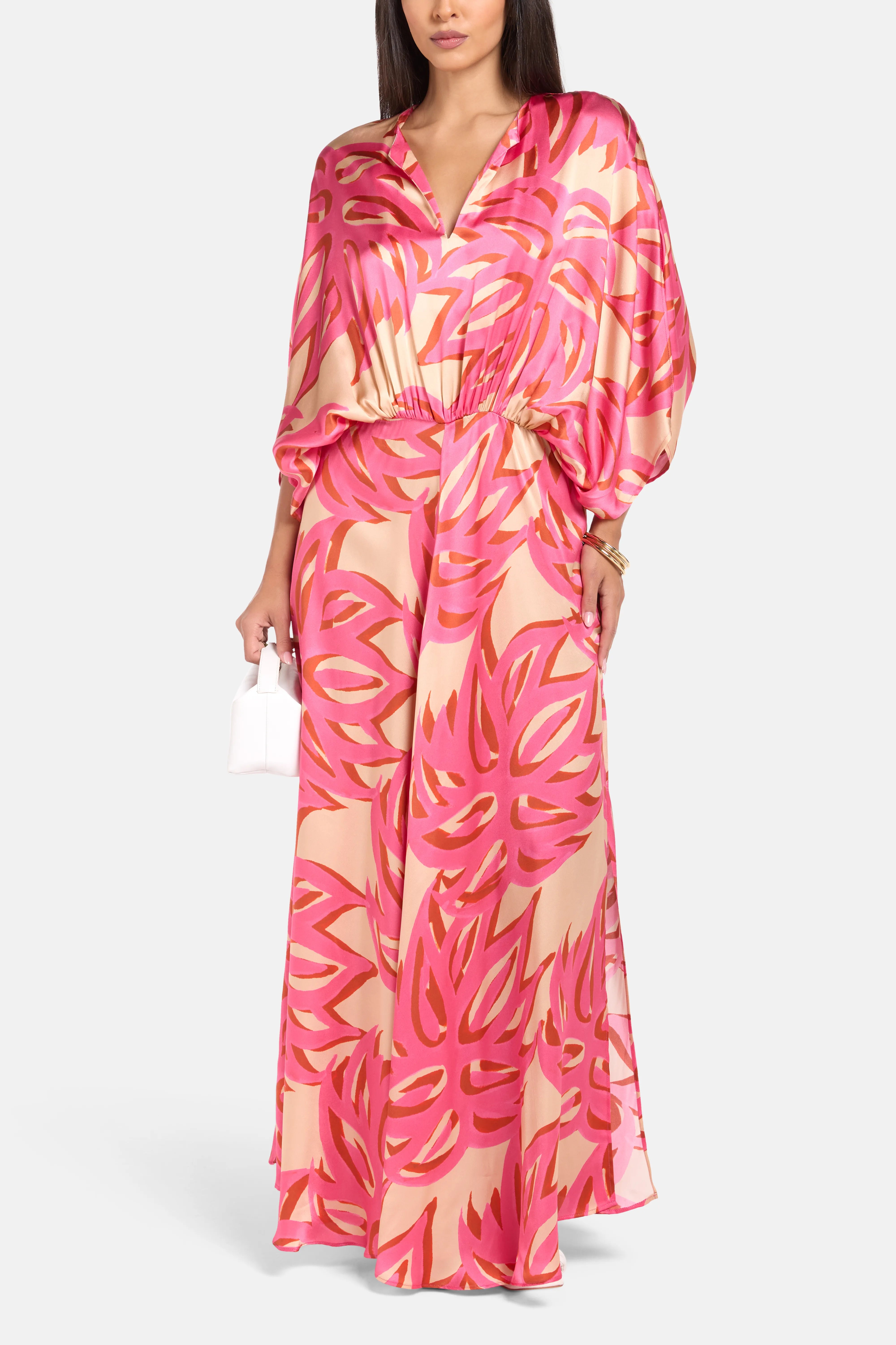 Ismene Puff Sleeves Silk Maxi Dress in Pink