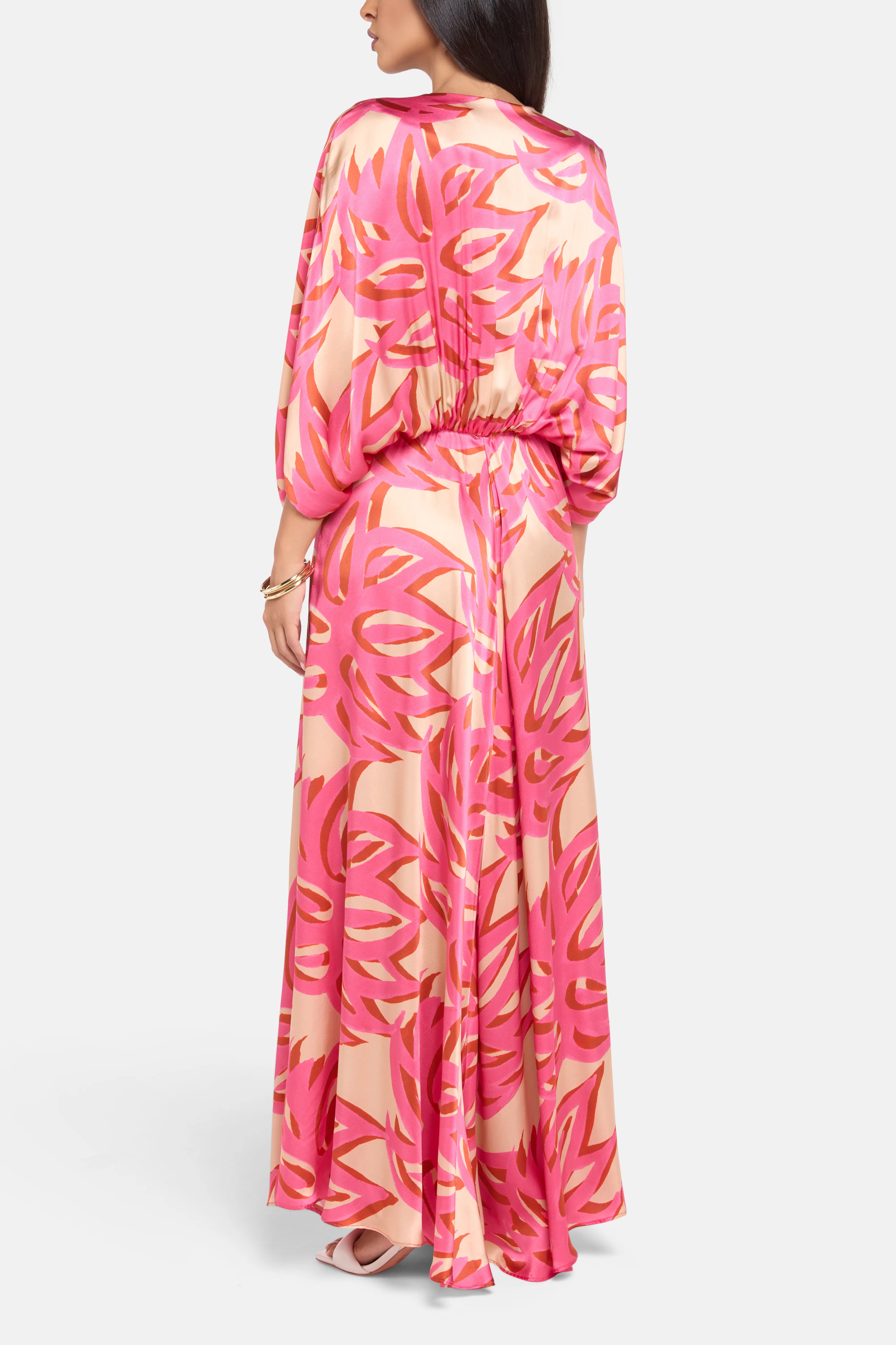 Ismene Puff Sleeves Silk Maxi Dress in Pink