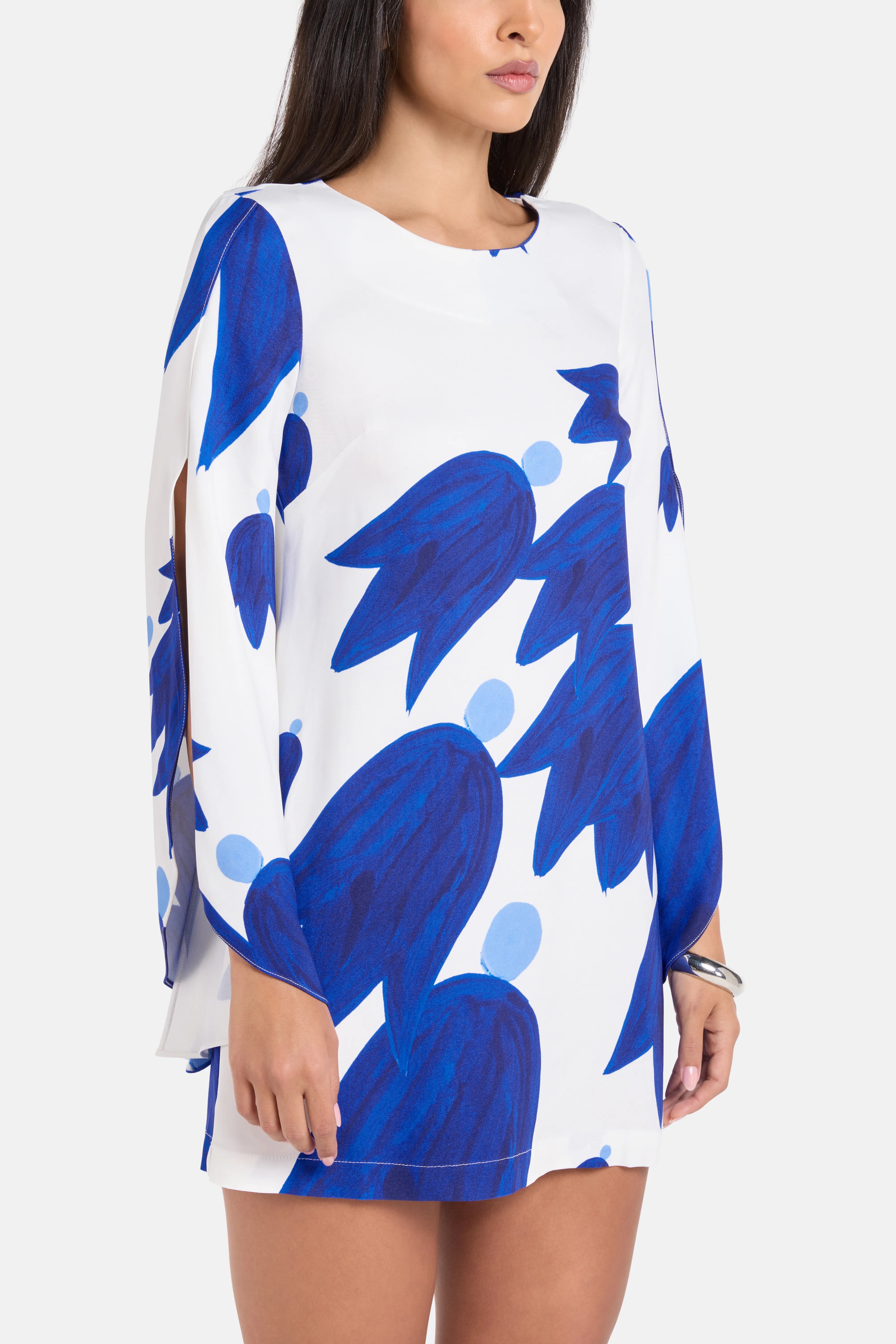 Theano Sabra Cape Sleeves Silk Mini Dress in Blue and White