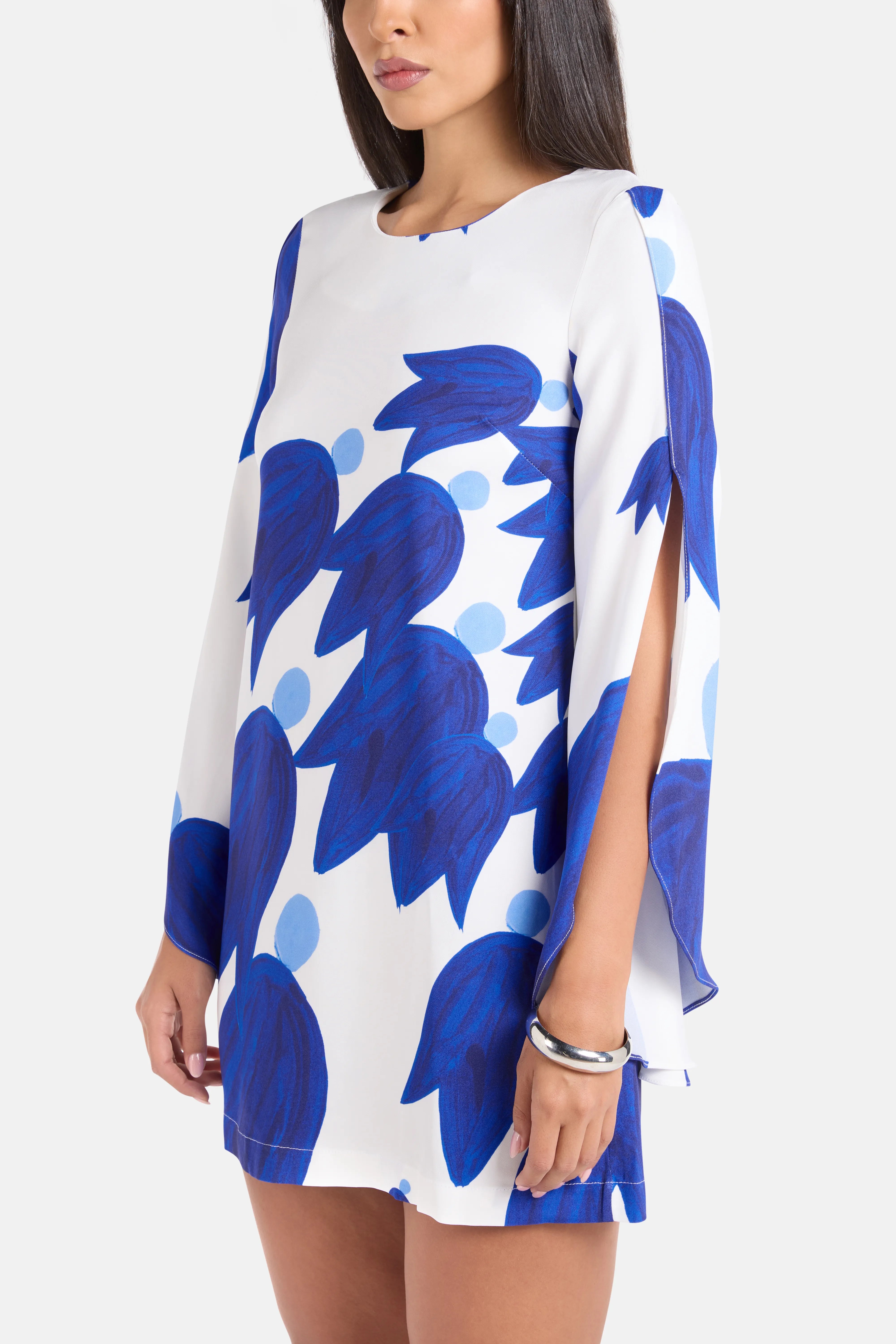Theano Sabra Cape Sleeves Silk Mini Dress in Blue and White