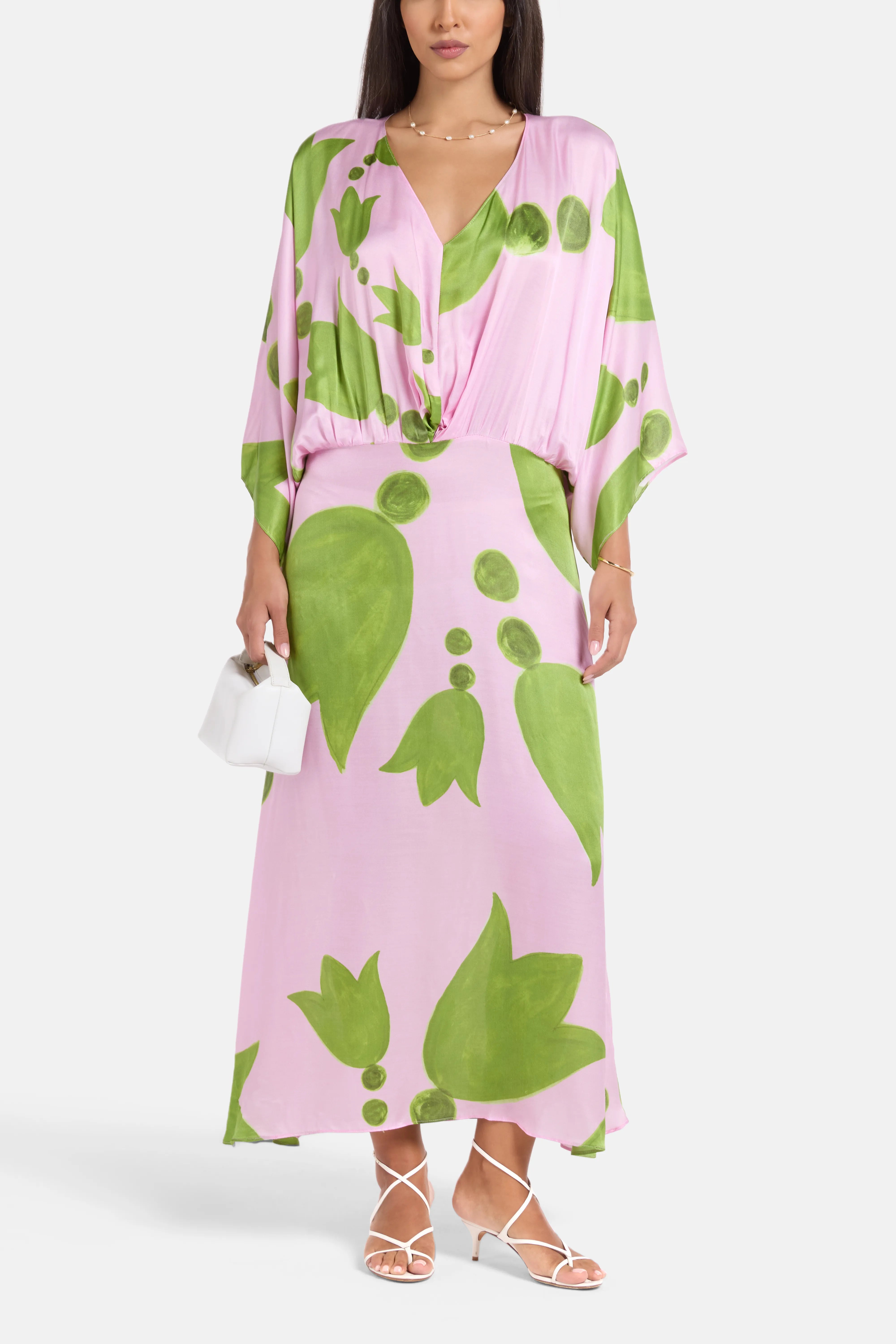 Eudora Puff Sleeves Silk Maxi Dress in Pink and Green