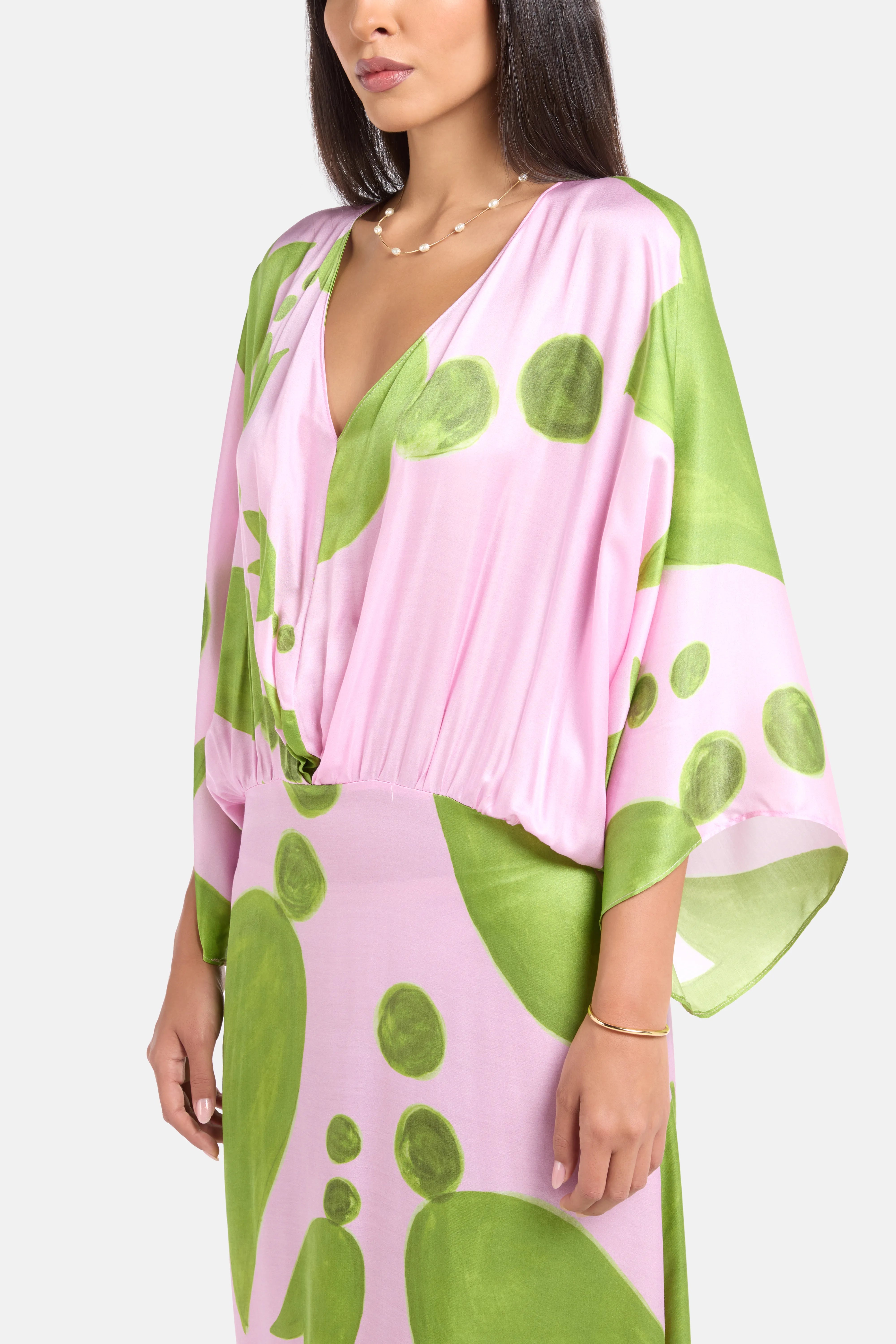 Eudora Puff Sleeves Silk Maxi Dress in Pink and Green