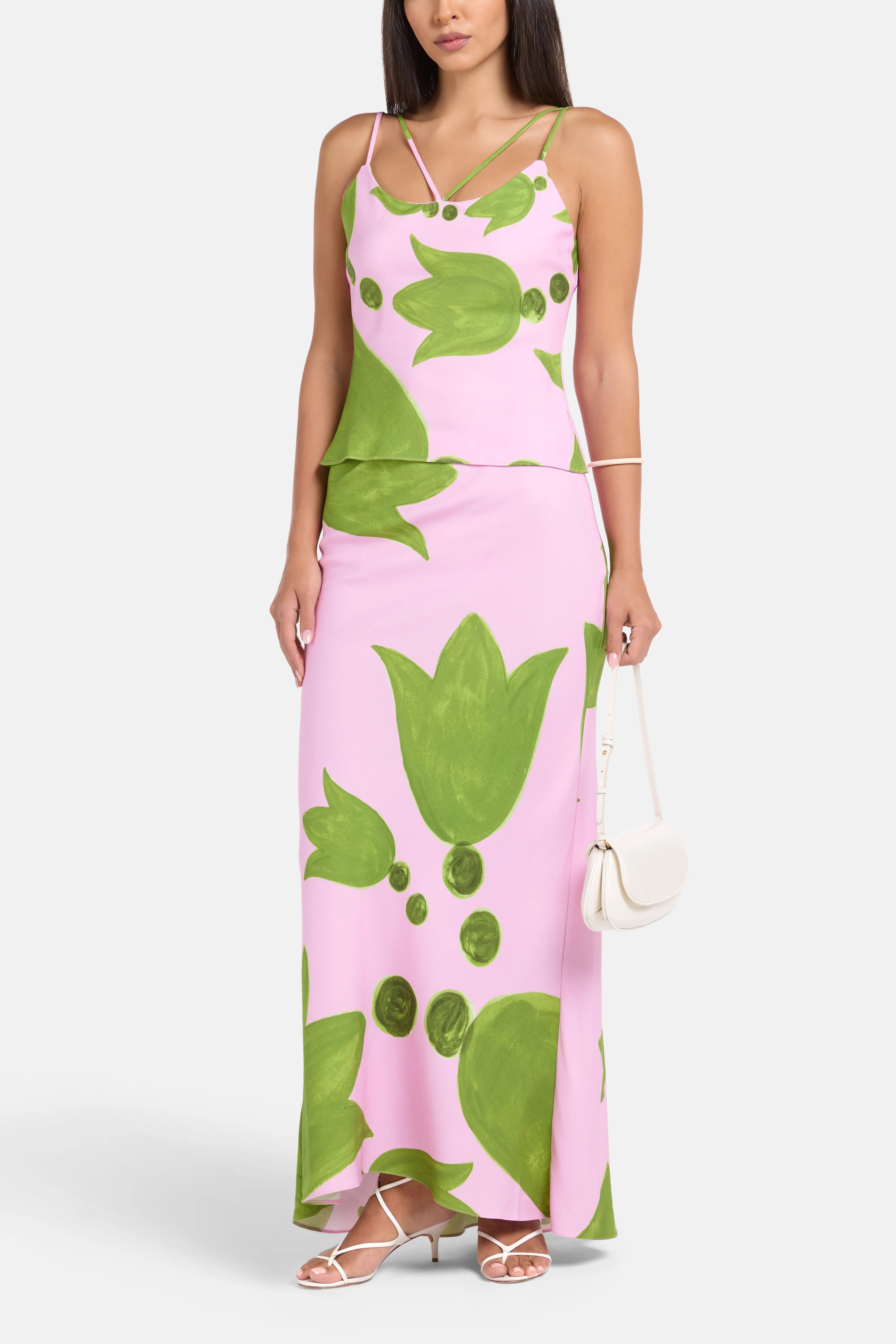 Eudora Baias Cut Maxi Skirt in Green and Pink