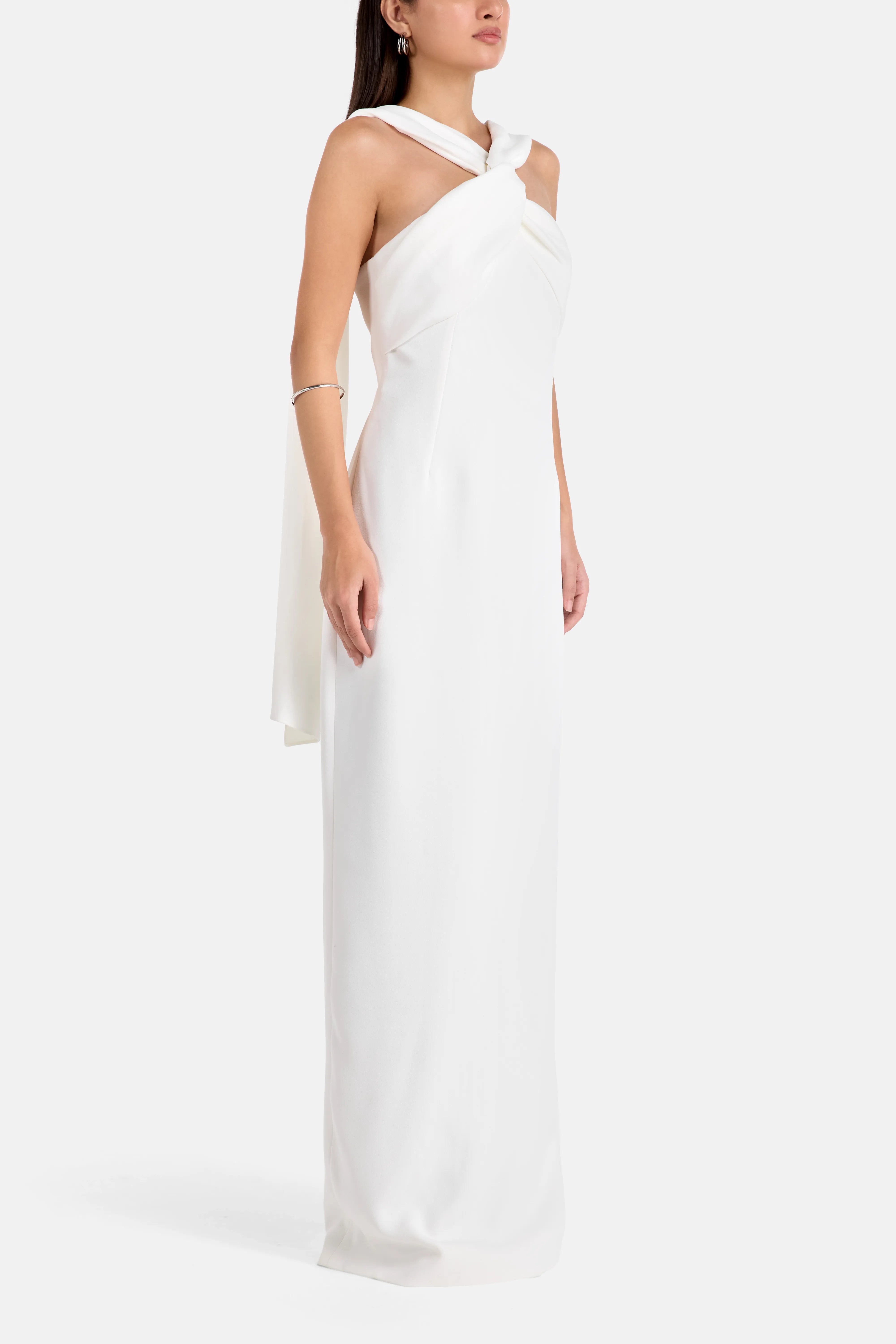 Rona Halter Neck Sleeveless Evening Dress in White with Scarf