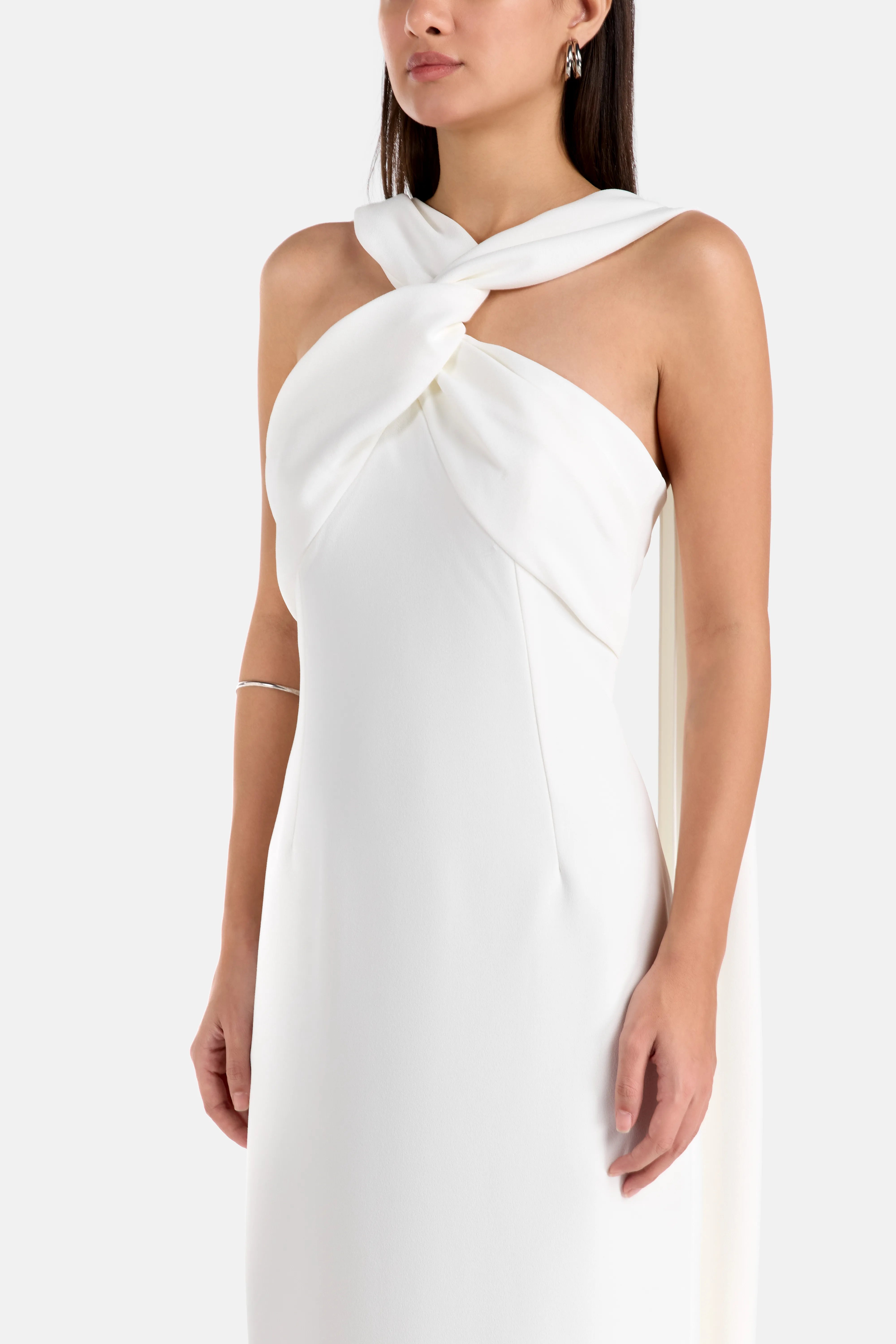 Rona Halter Neck Sleeveless Evening Dress in White with Scarf