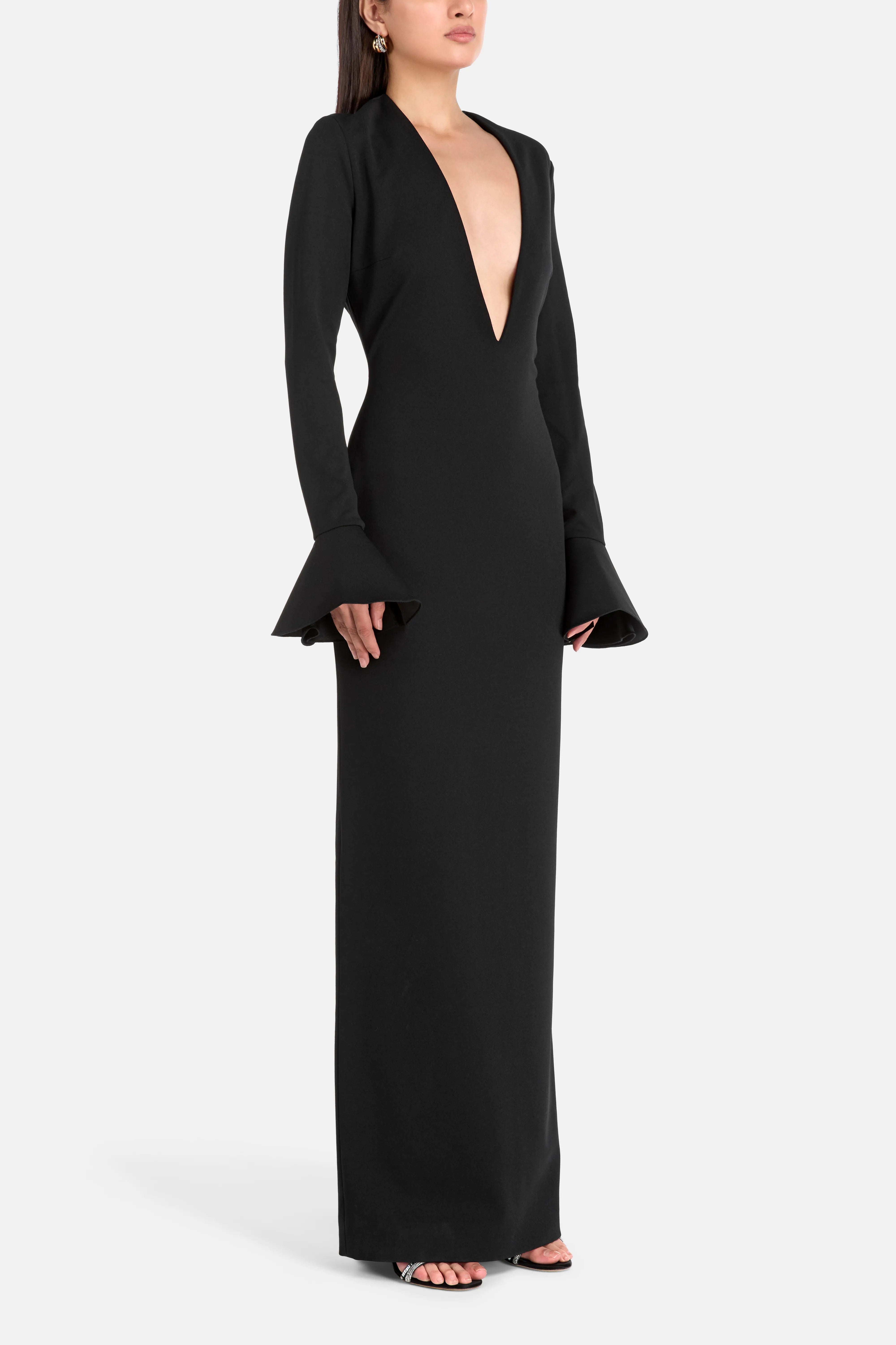 Hutton Long Sleeves Deep V Neck Evening Dress in Black