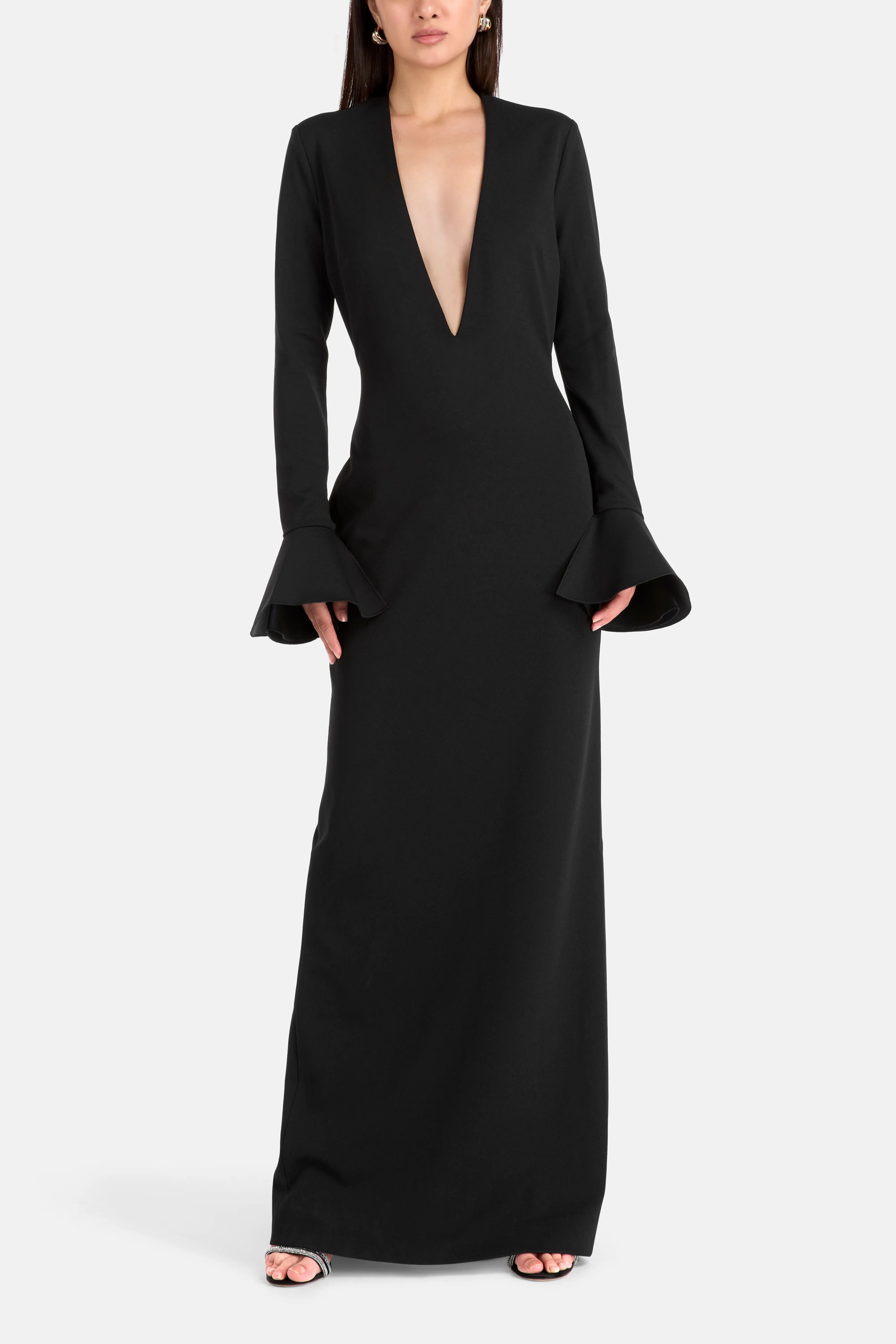 Hutton Long Sleeves Deep V Neck Evening Dress in Black