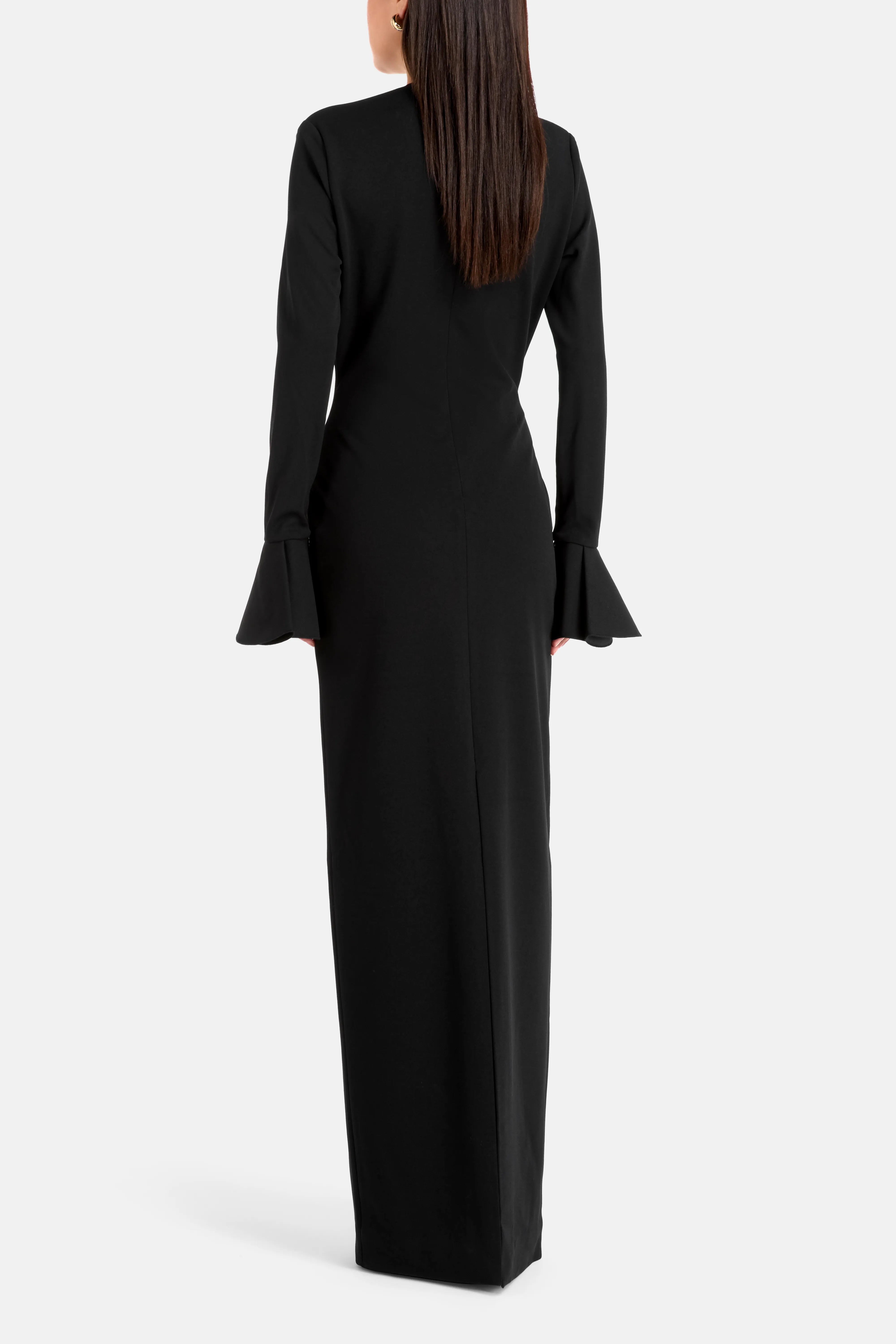 Hutton Long Sleeves Deep V Neck Evening Dress in Black