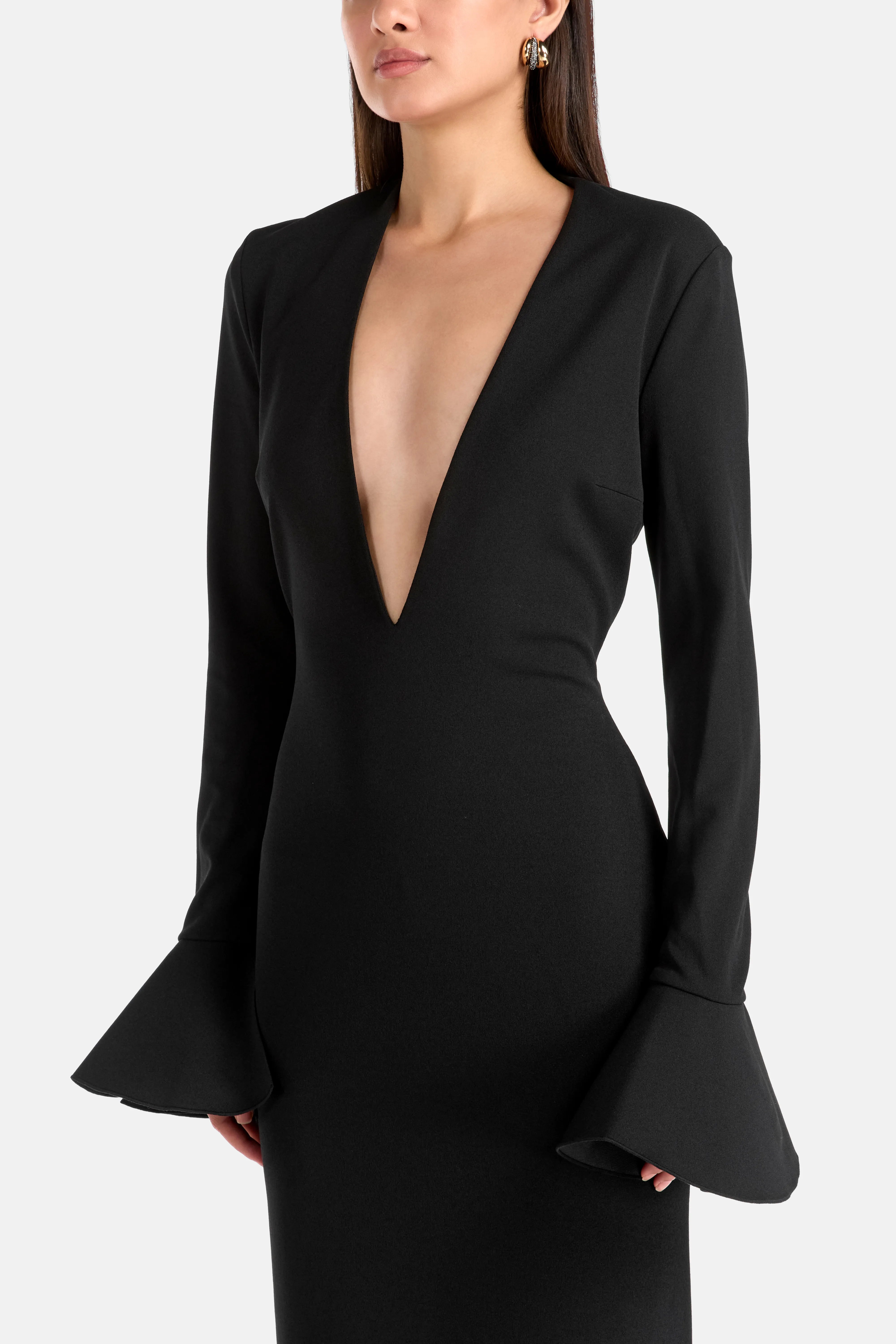Hutton Long Sleeves Deep V Neck Evening Dress in Black