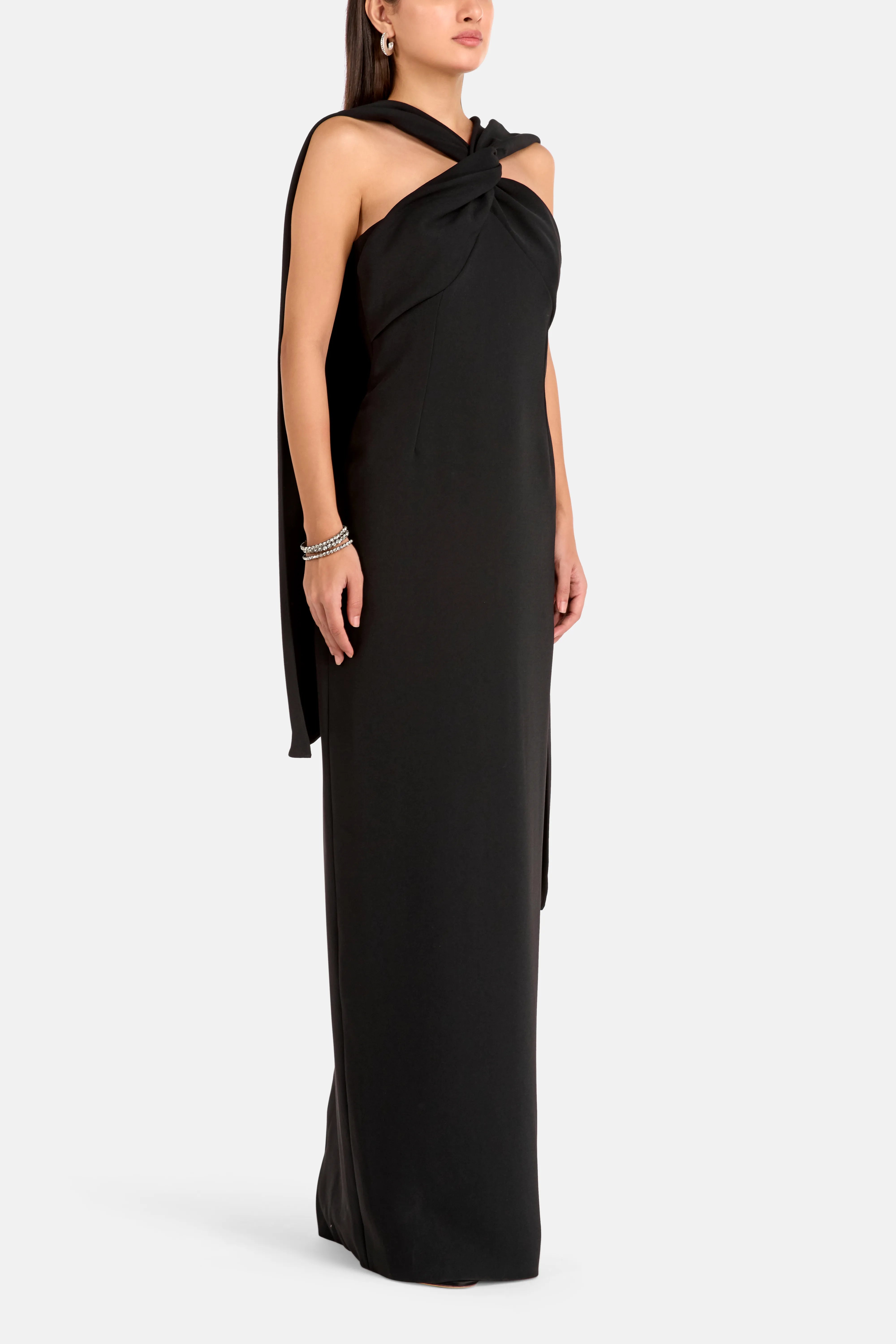 Buy the Rona Halter Neck Evening Dress in Black with Scarf