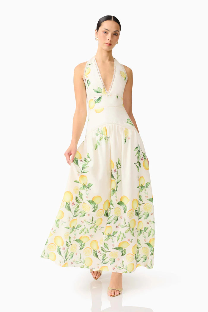Hana Halter Lemon Printed Sleeveless Maxi Dress in Yellow