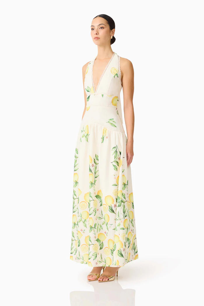Hana Halter Lemon Printed Sleeveless Maxi Dress in Yellow