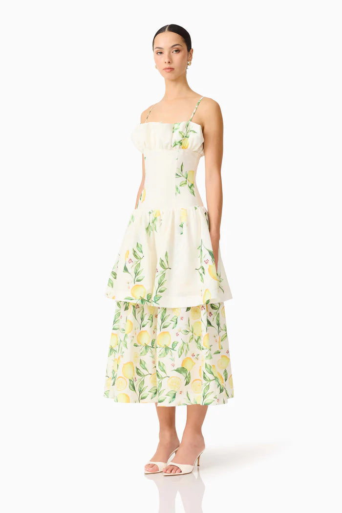 Hana Tiered Lemon Printed Sleeveless Maxi Dress in Yellow