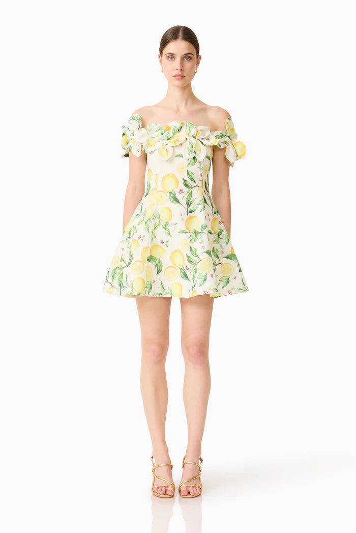 Hana Off Shoulder Lemon Printed Mini Dress in Yellow