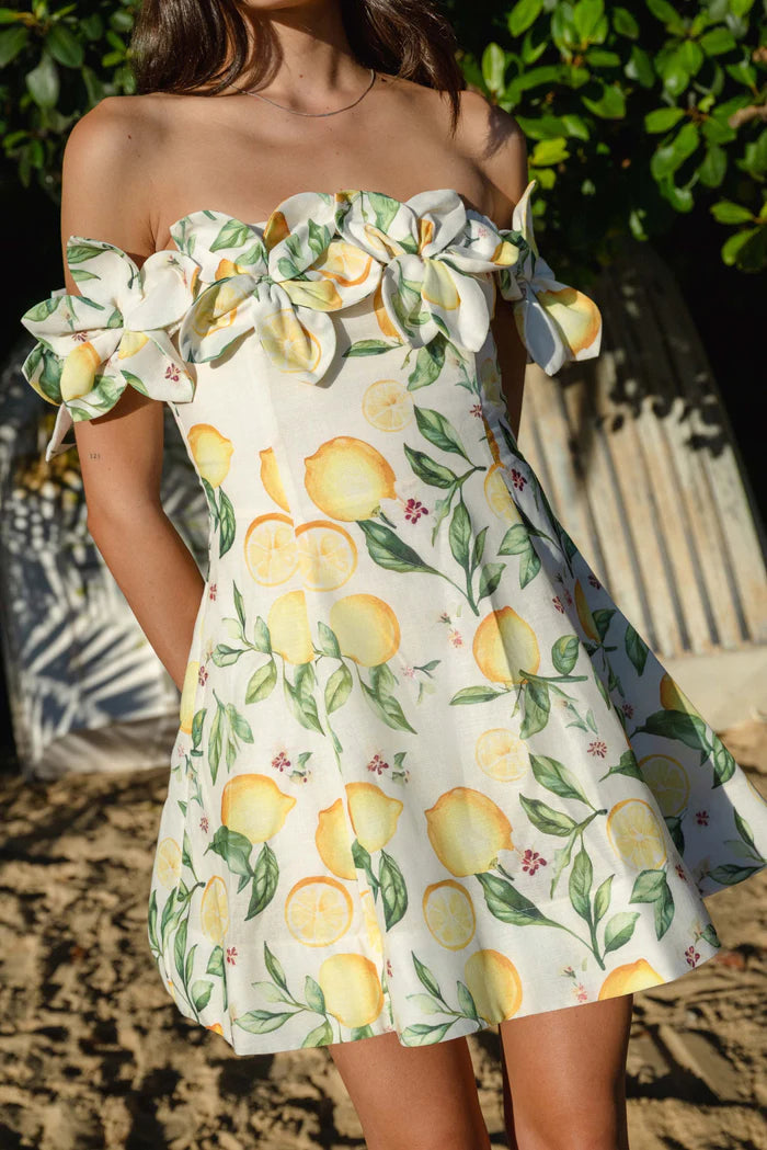 Hana Off Shoulder Lemon Printed Mini Dress in Yellow