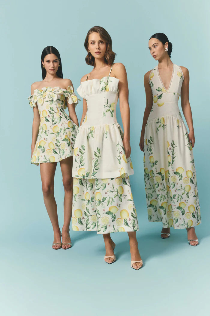 Hana Off Shoulder Lemon Printed Mini Dress in Yellow
