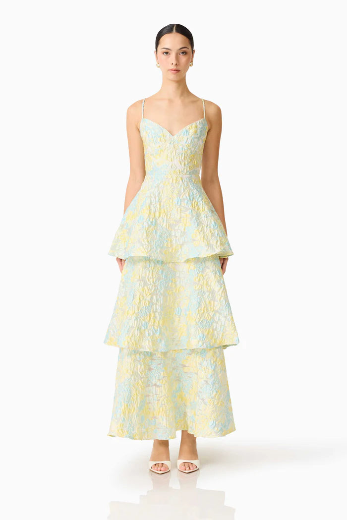 Penelope Tiered Floral Sleeveless Maxi Dress in Yellow