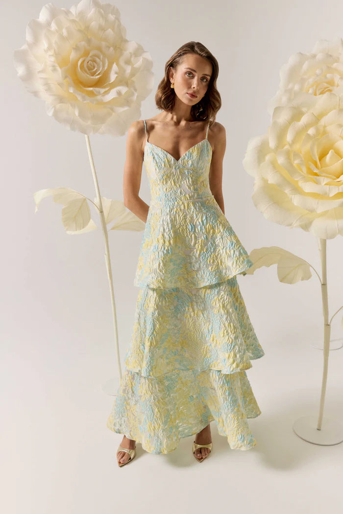 Penelope Tiered Floral Sleeveless Maxi Dress in Yellow