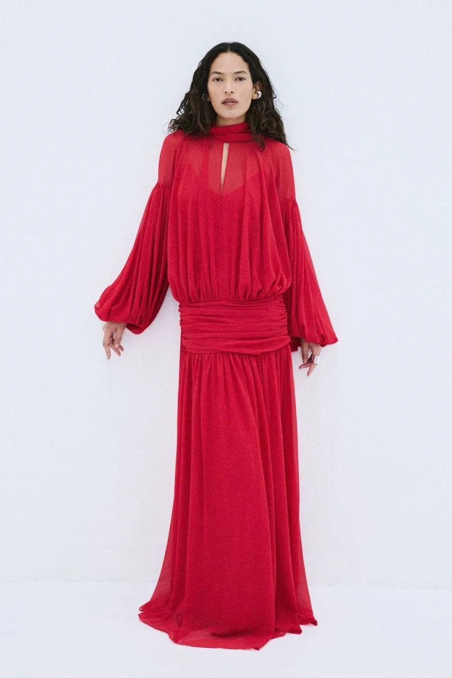 Solana Chiffon Maxi Dress in Red with Scarf