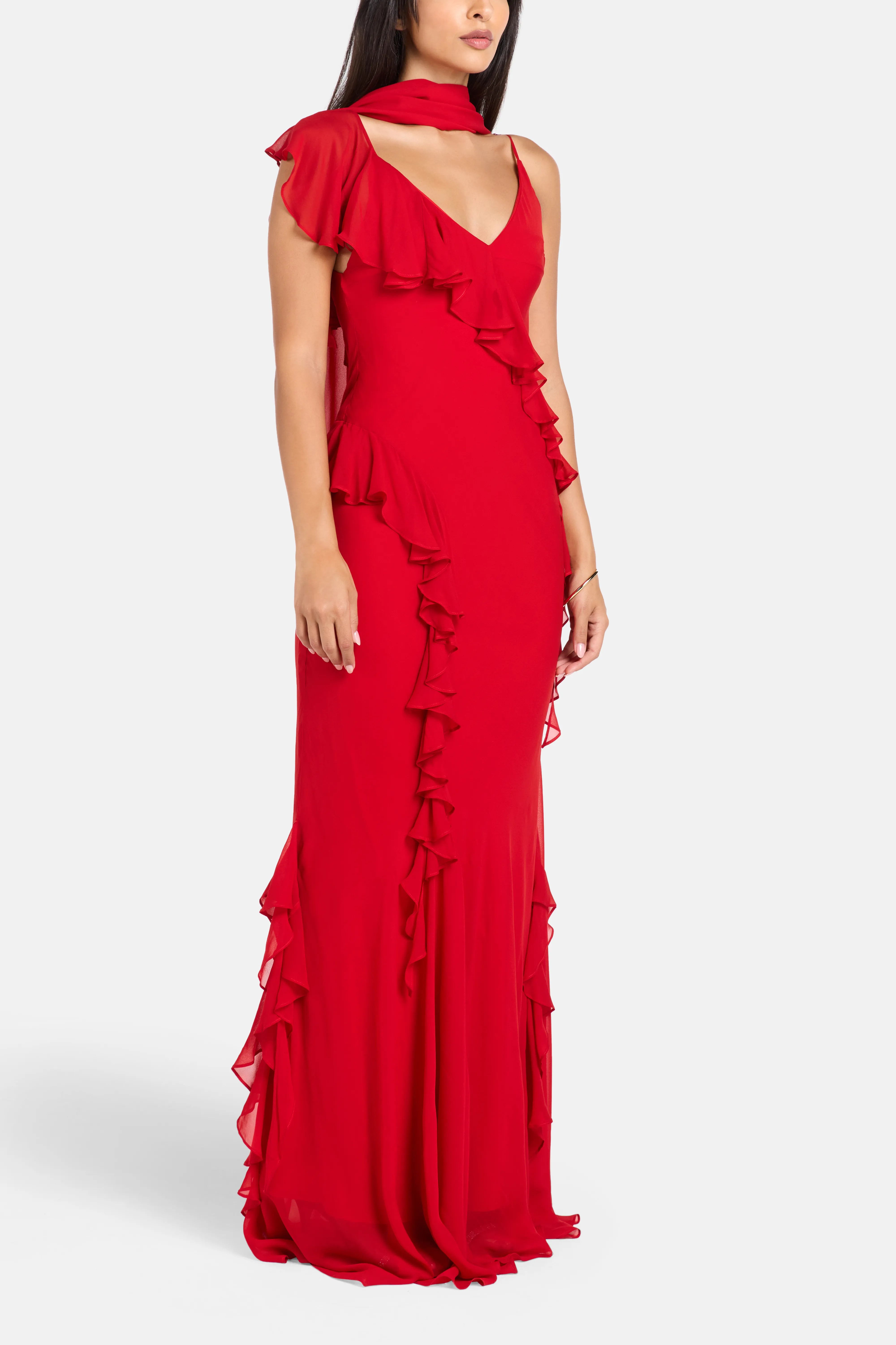 Mayara Viscose Georgette Sleeveless Ruffles Maxi Dress in Red with Cape