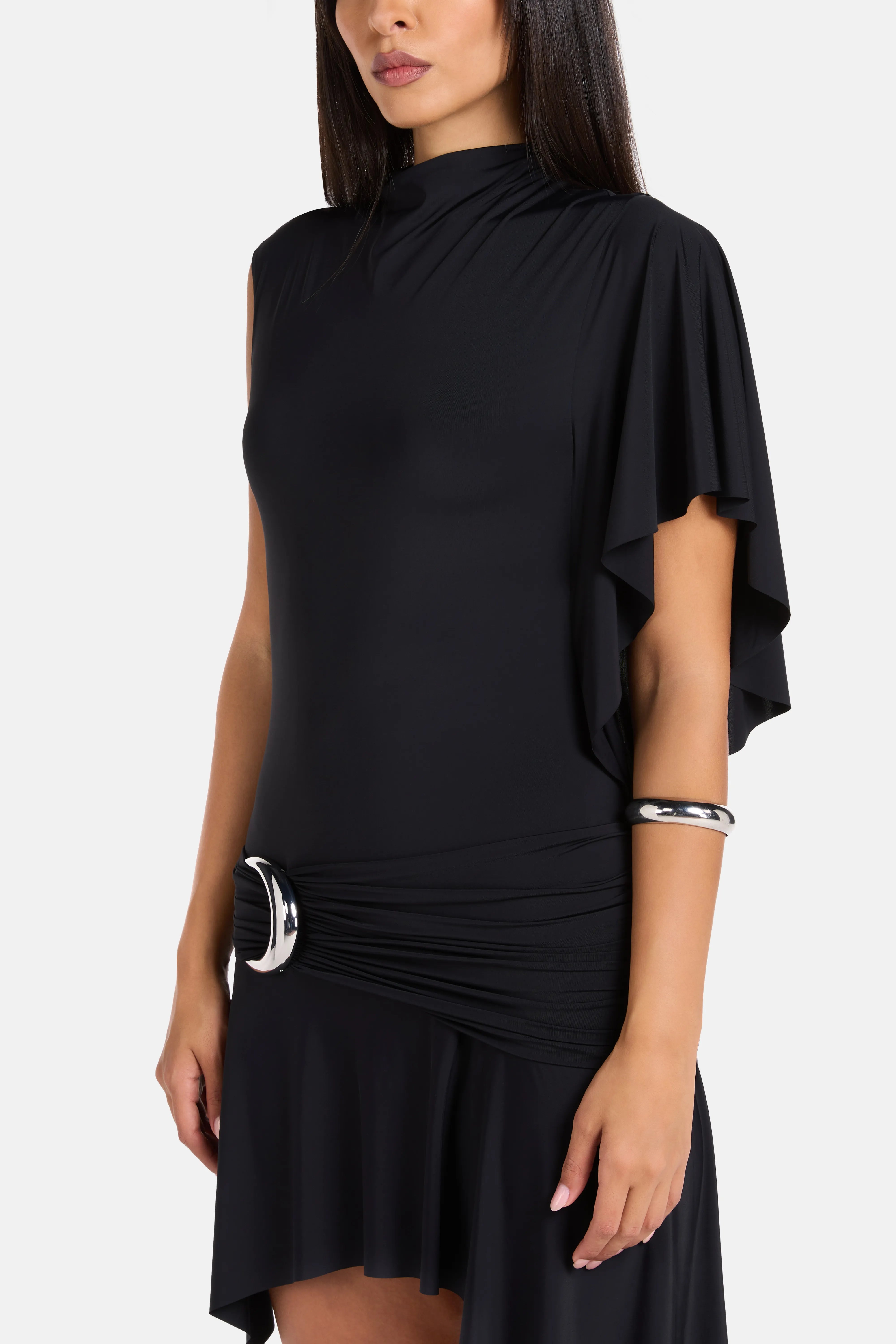 Titan One Shoulder Spandex Jersey Mini Dress in Black