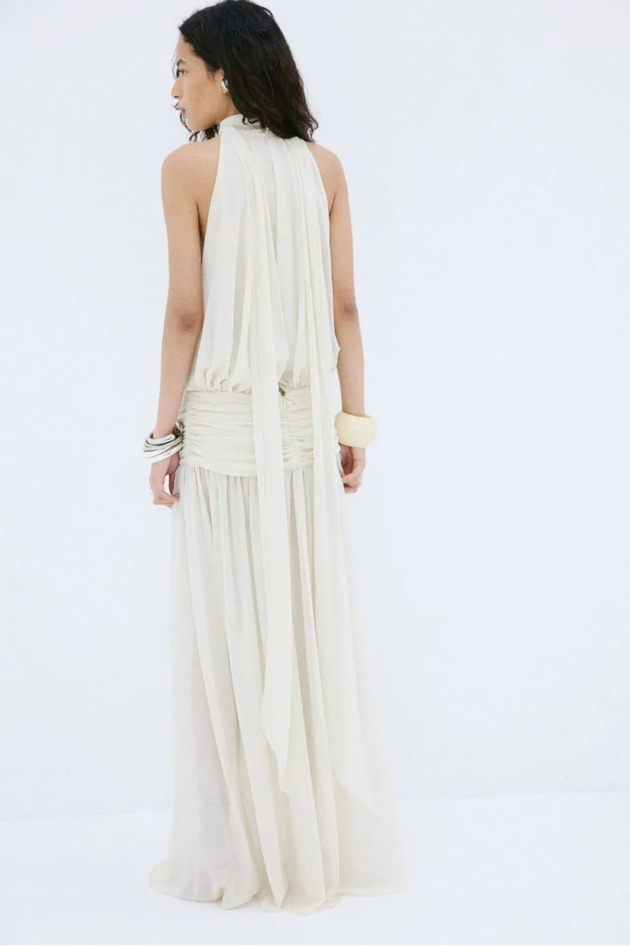 Cruz Chiffon Halter Neck Sleeveless Maxi Dress in White with Scarf