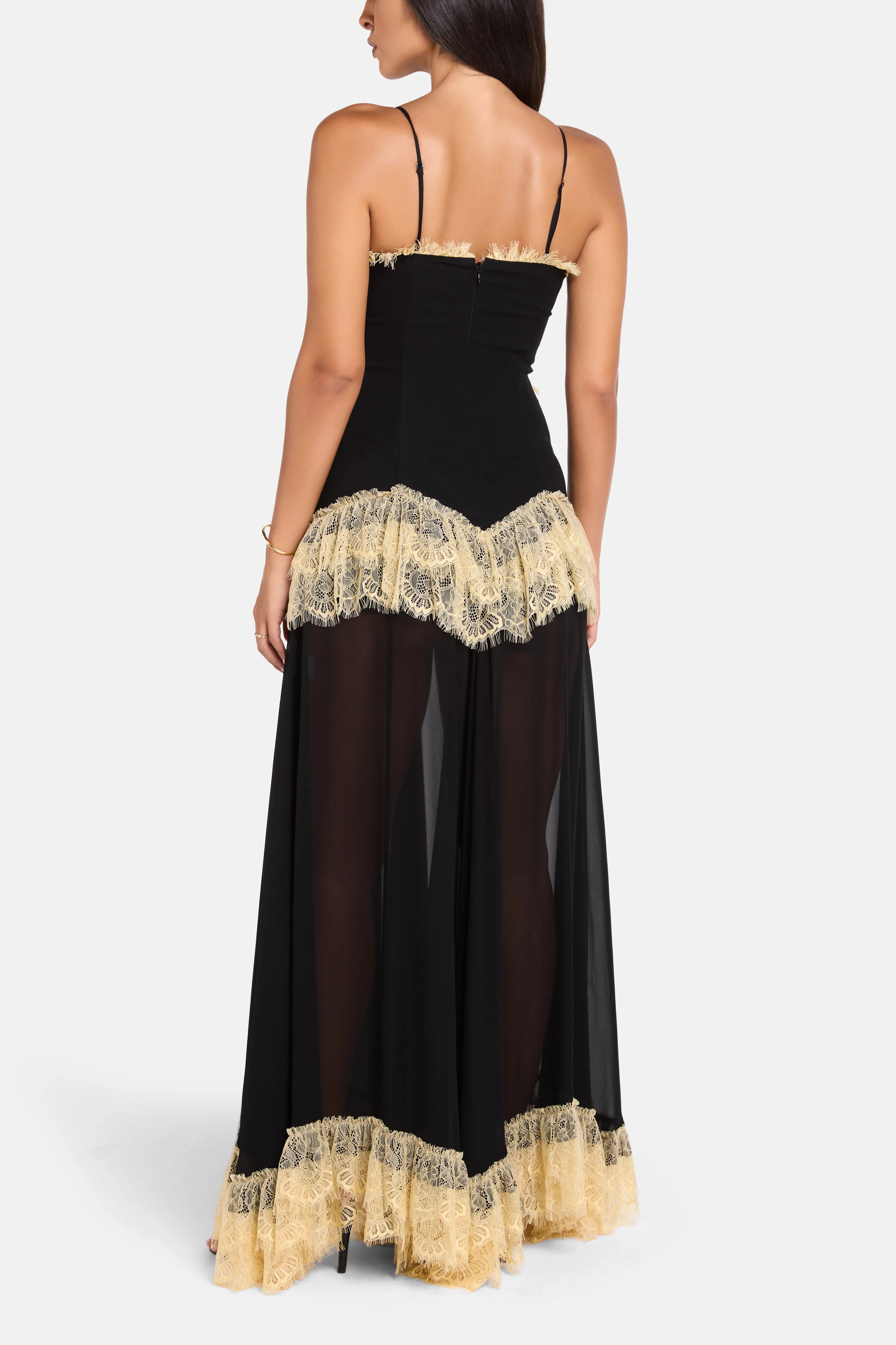 Estela Viscose Georgette Lace Sleeveless Maxi Dress in Black