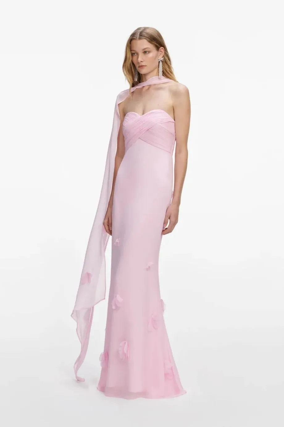 Sleeveless Floral Georgette Scarf Maxi Dress in Pink