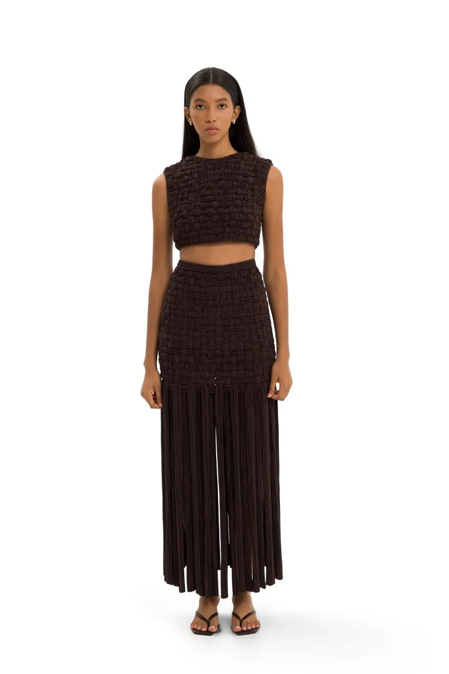 Yara Fringes Woven Midi Skirt in Brown