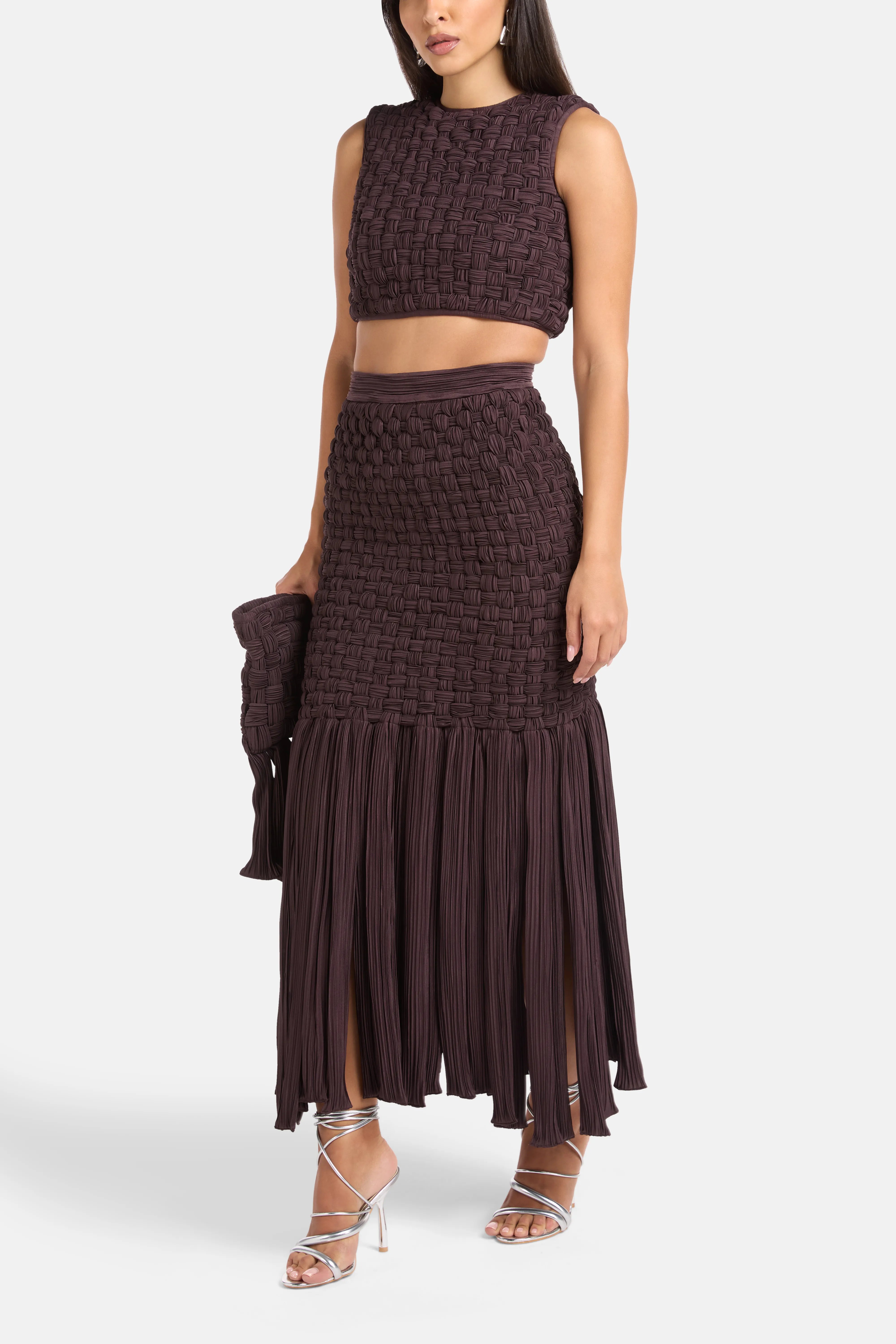 Yara Fringes Woven Midi Skirt in Brown
