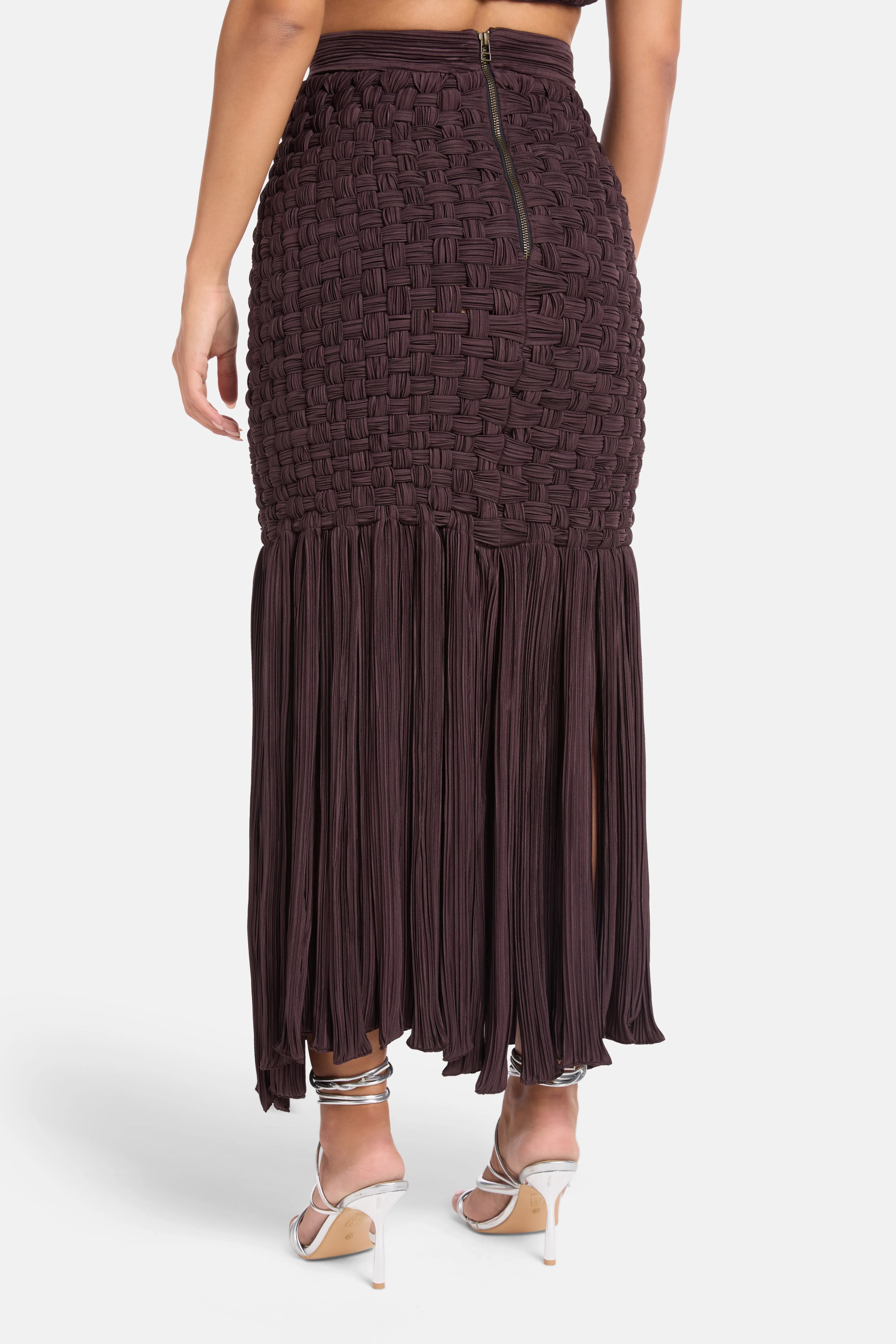 Yara Fringes Woven Midi Skirt in Brown